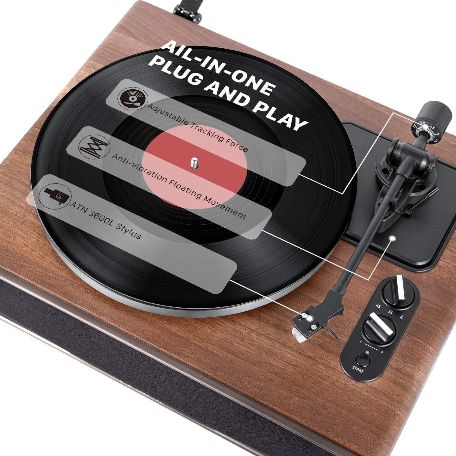 1 By One High Fidelity Belt Drive Turntable With Built-In Speakers, Vinyl Record Player With Magnetic Cartridge, Bluetooth Playback And Aux-In Functionality, Auto Off
