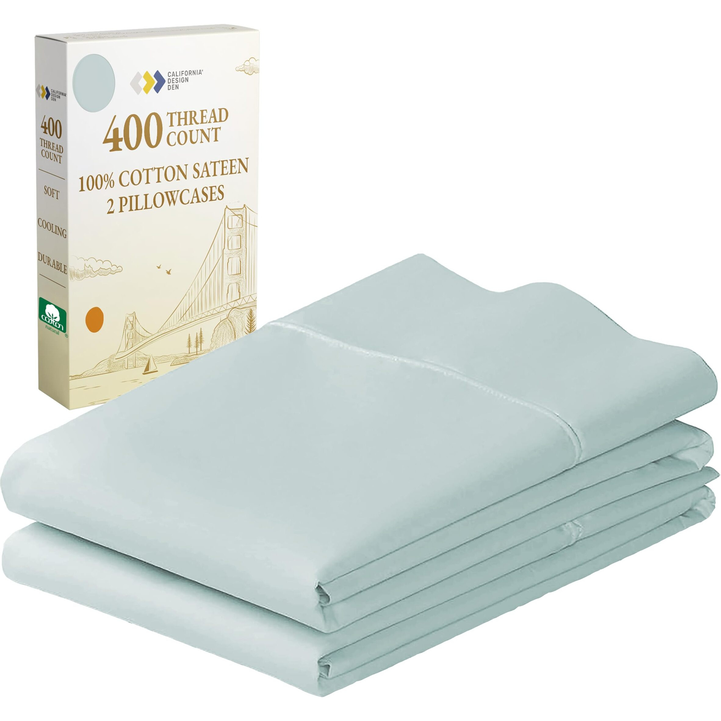 California Design Den Standard Queen Size Pillowcase Set - 400 Thread Count, 100% Cotton Sateen, Set Of 2 Pillow Covers, Breathable, Cooling, Soft For Quality Sleep - Seafoam