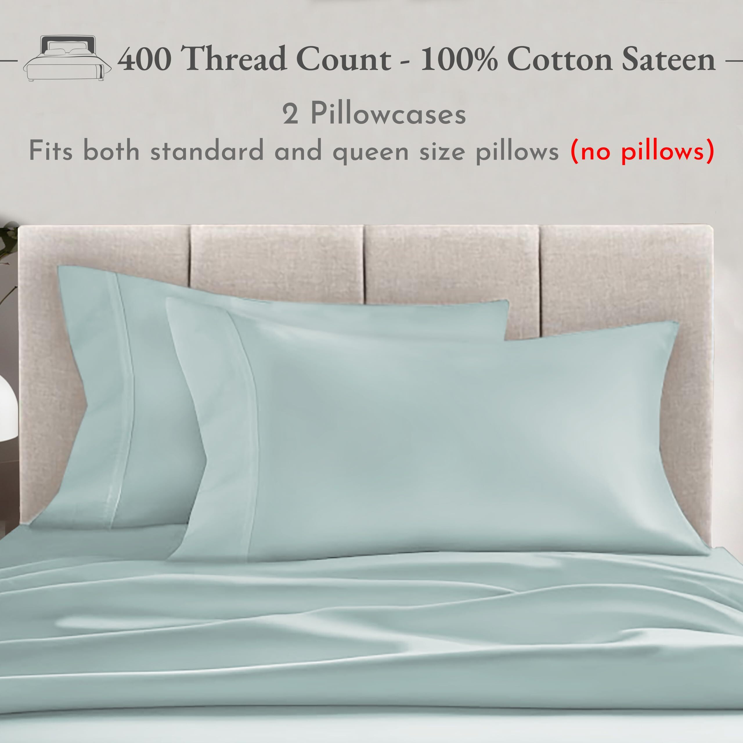 California Design Den Standard Queen Size Pillowcase Set - 400 Thread Count, 100% Cotton Sateen, Set Of 2 Pillow Covers, Breathable, Cooling, Soft For Quality Sleep - Seafoam