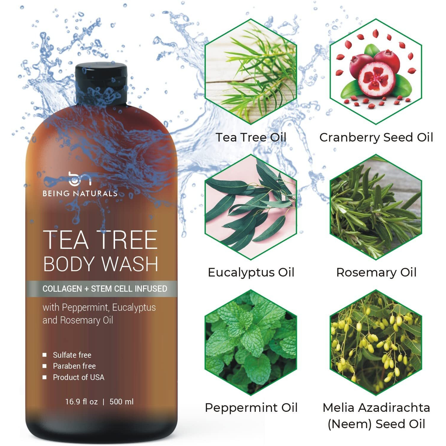 Tea Tree Body Wash -W/ Stem Cell, Collagen & Teatree Oil Fights Body Odor, Acne, Athletes Foot, Jock Itch, Dandruff, Eczema, Yeast Infection, Shower Gel For Women & Men, Skin Cleanser 16.9 Oz