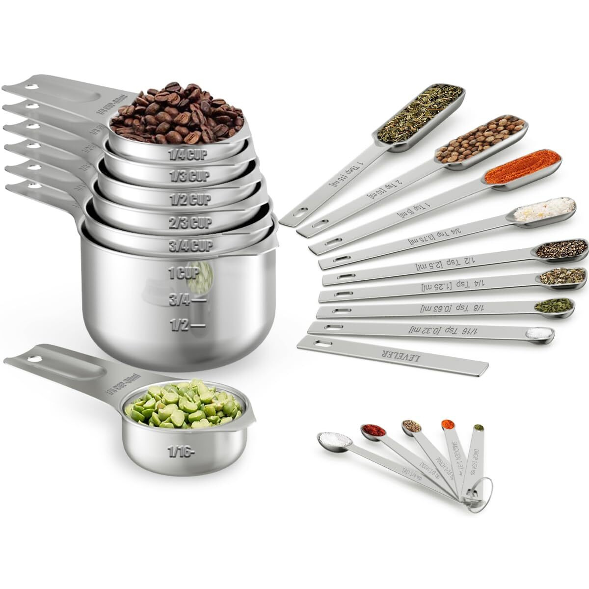 Wildone Measuring Cups & Spoons Set Of 21 - Includes 7 Stainless Steel Nesting Cups, 8 Measuring Spoons, 1 Leveler & 5 Mini Measuring Spoons, Ideal For Dry And Liquid Ingredients