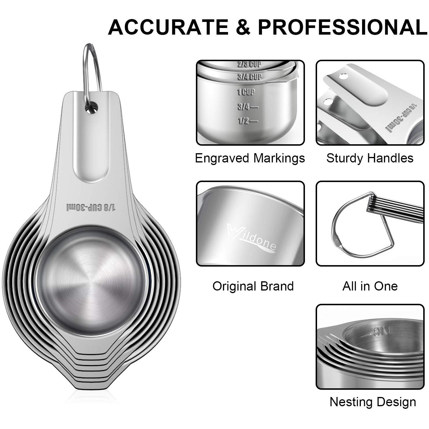 Wildone Measuring Cups & Spoons Set Of 21 - Includes 7 Stainless Steel Nesting Cups, 8 Measuring Spoons, 1 Leveler & 5 Mini Measuring Spoons, Ideal For Dry And Liquid Ingredients