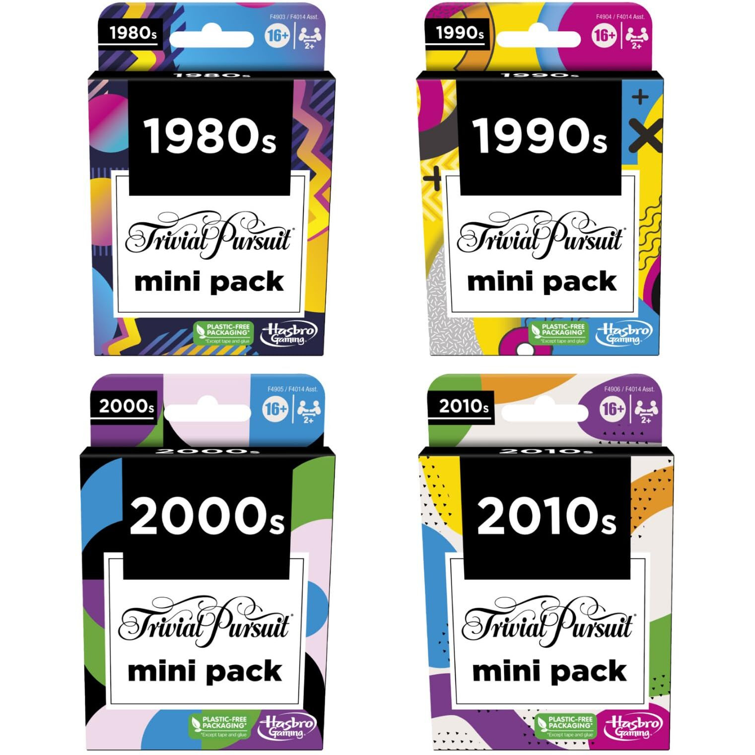 Hasbro Gaming Trivial Pursuit Mini Packs Multipack, Fun Trivia Questions For Adults And Teens Ages 16+, Includes 4 Game Featuring 4 Decades