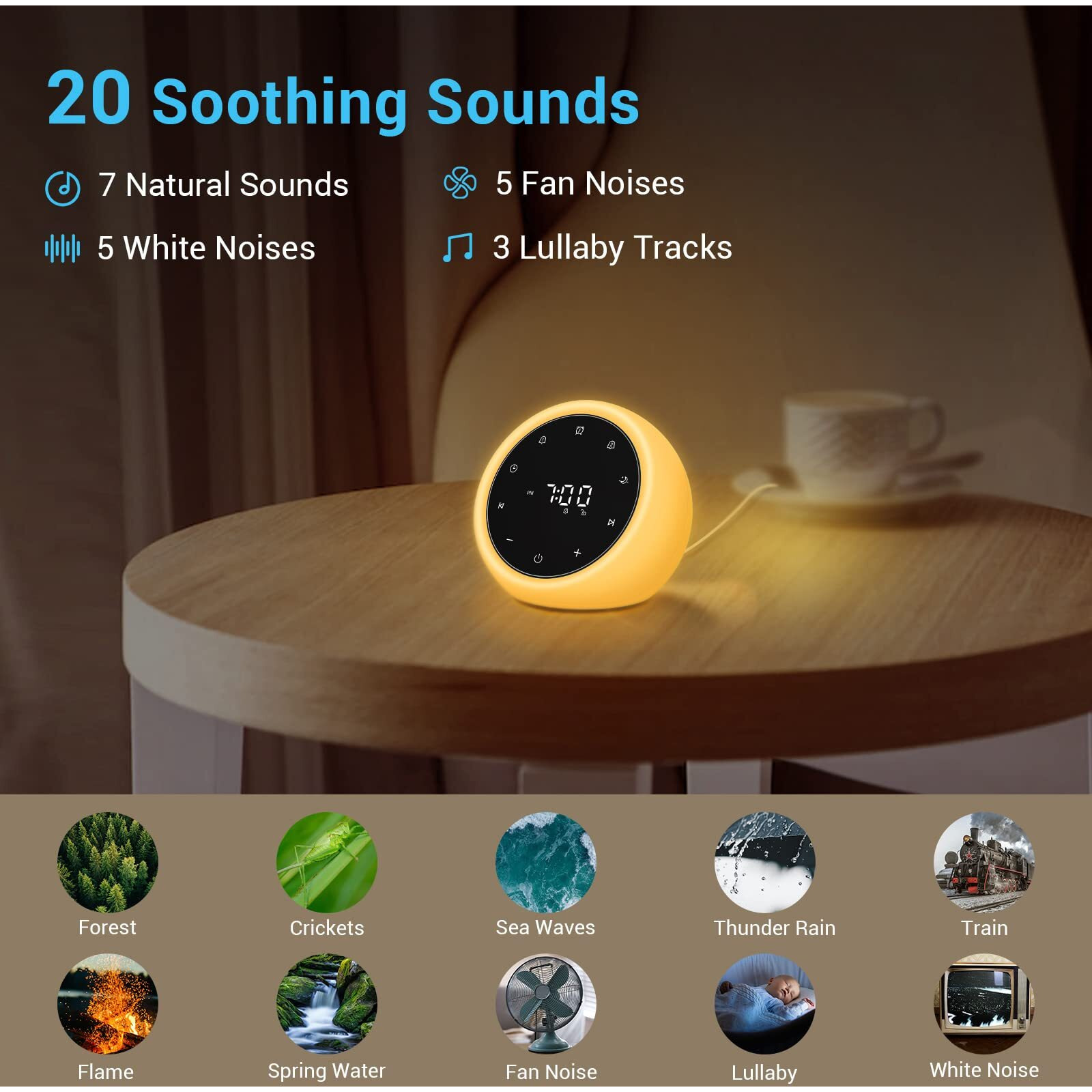 Bgoverss White Noise Sound Machine, Alarm Clock With Night Light, 20 Soothing White Noise Sounds For Baby Adult Sleeping, Silent Touch Button Control Noise Machine Alarm Clock For Bedroom, White Color
