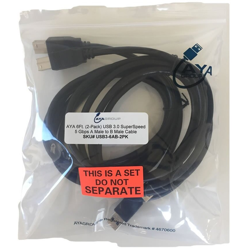 Aya 6Ft. (2-Pack) Usb 3.0 Superspeed 5 Gbps A Male To B Male Cable
