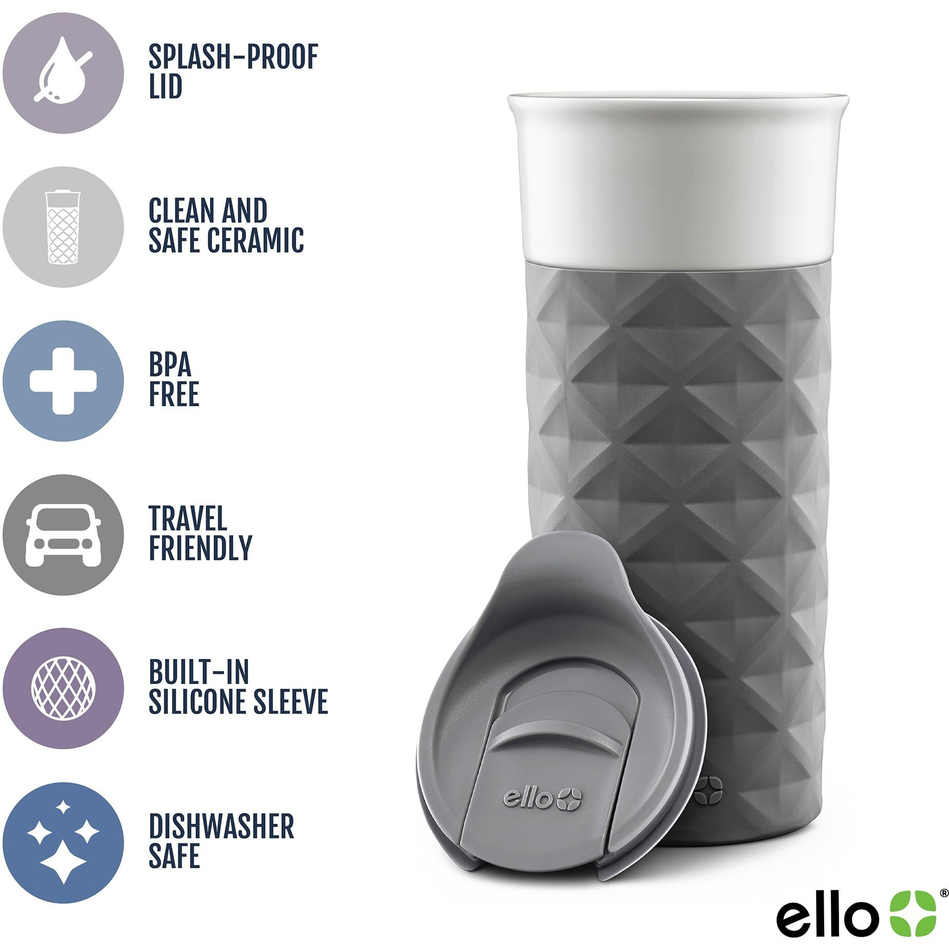 Ello Ogden Ceramic Travel Mug With Splash-Resistant Slider Lid And Protective Silicone Boot, Perfect For Coffee Or Tea, Bpa Free, Dishwasher Safe, Gray, 16 Oz, 758-0438-040