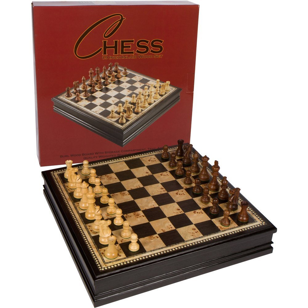 Adrienne Chess Inlaid Burl Wood Board Game With Weighted Wooden Pieces, Extra Large 19 X 19 Inch Set