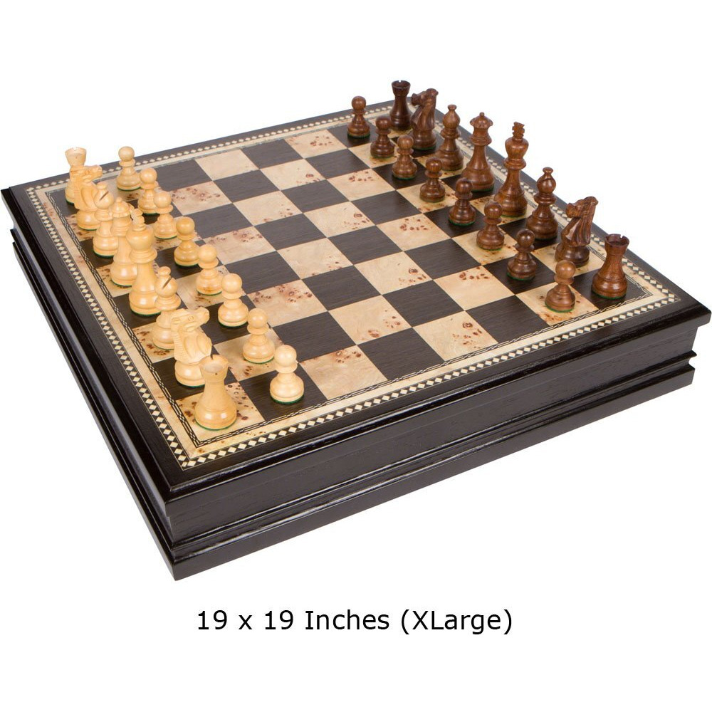Adrienne Chess Inlaid Burl Wood Board Game With Weighted Wooden Pieces, Extra Large 19 X 19 Inch Set