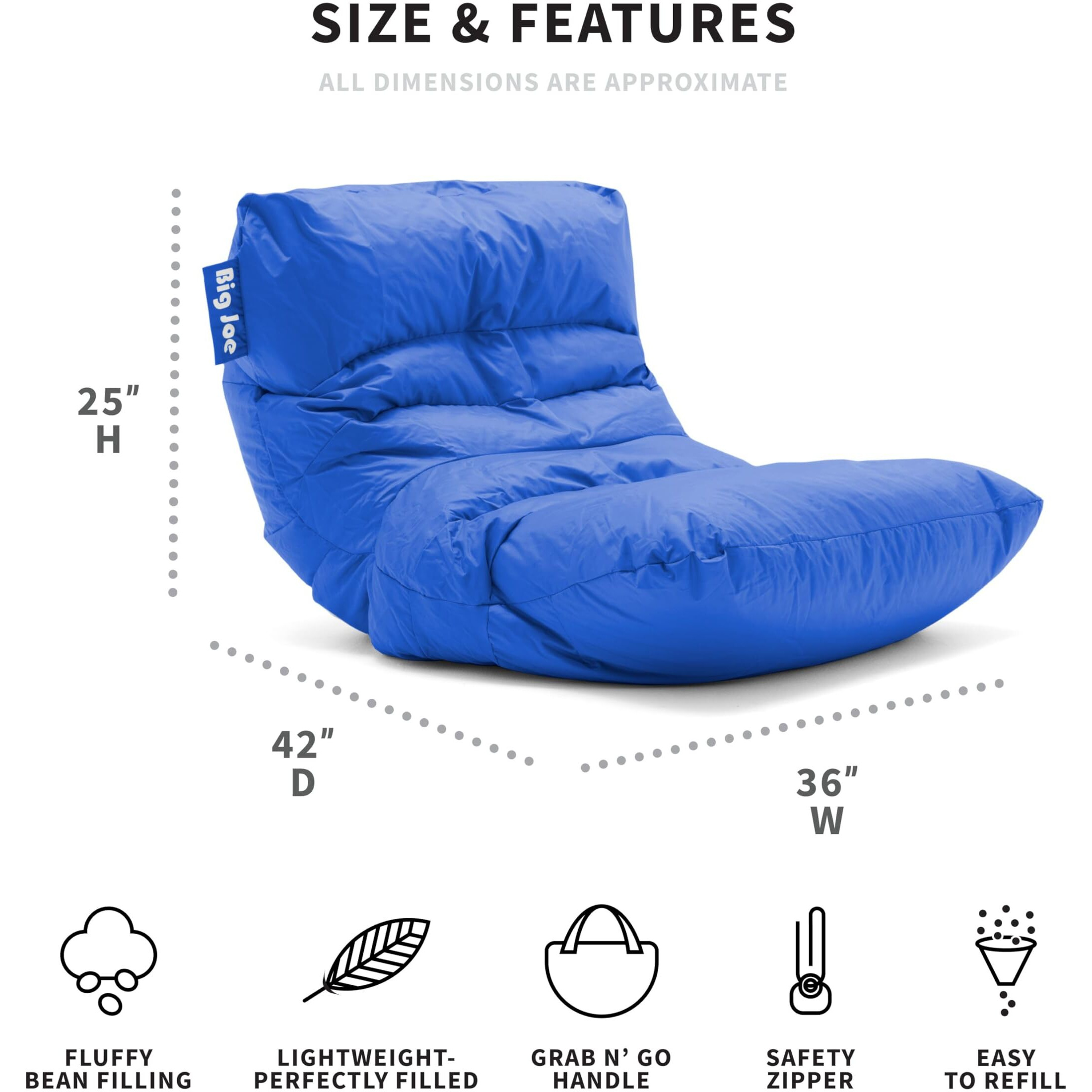 Big Joe Roma Bean Bag Chair, Sapphire Smartmax, Durable Polyester Nylon Blend, 3 Feet