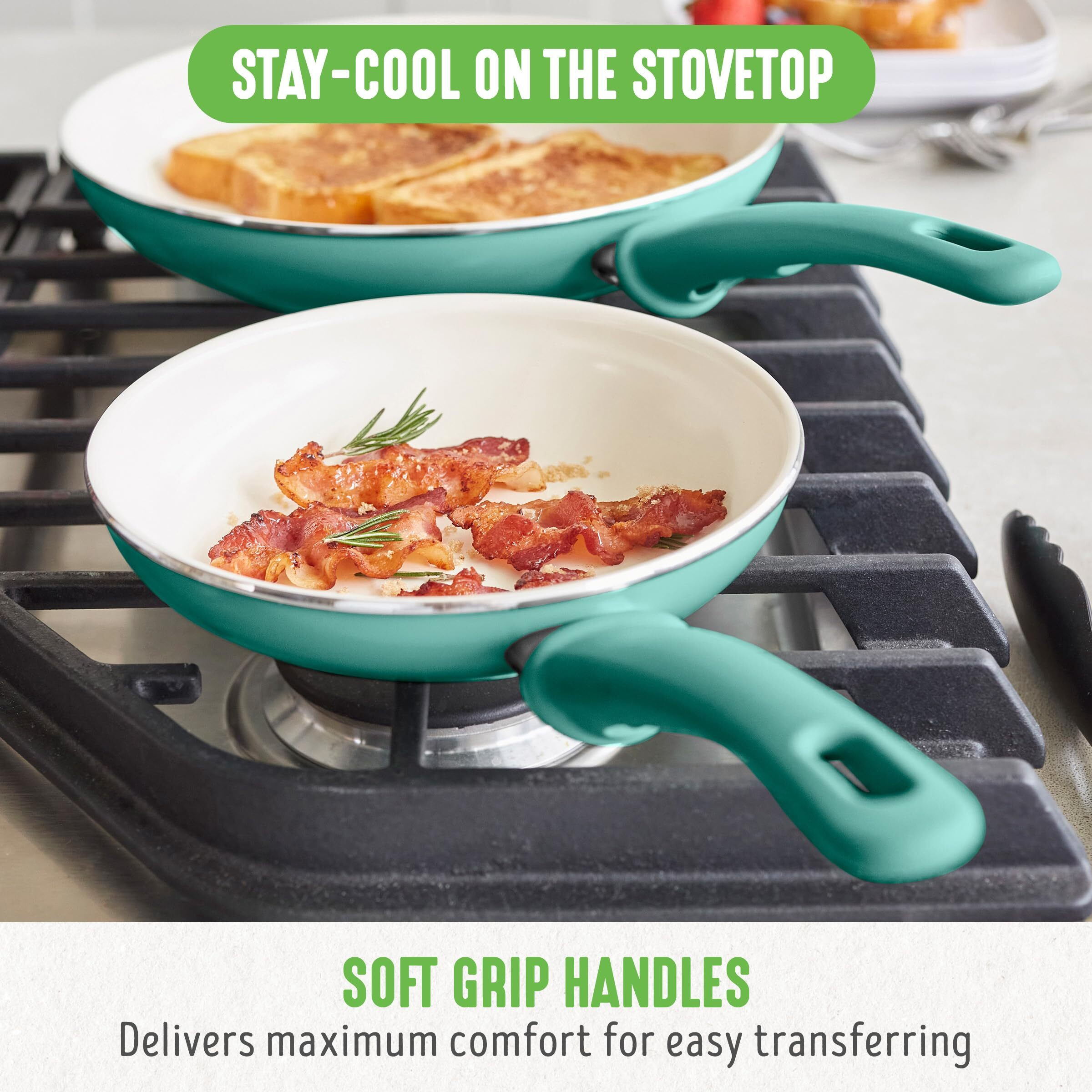 Greenlife Soft Grip Healthy Ceramic Nonstick 7"" And 10"" Frying Pan Set, Pfas & Pfoa-Free, Dishwasher Safe, Egg Omelet Skillet, Cookware For Easy Cooking, Non-Stick Kitchen Essentials, Turquoise