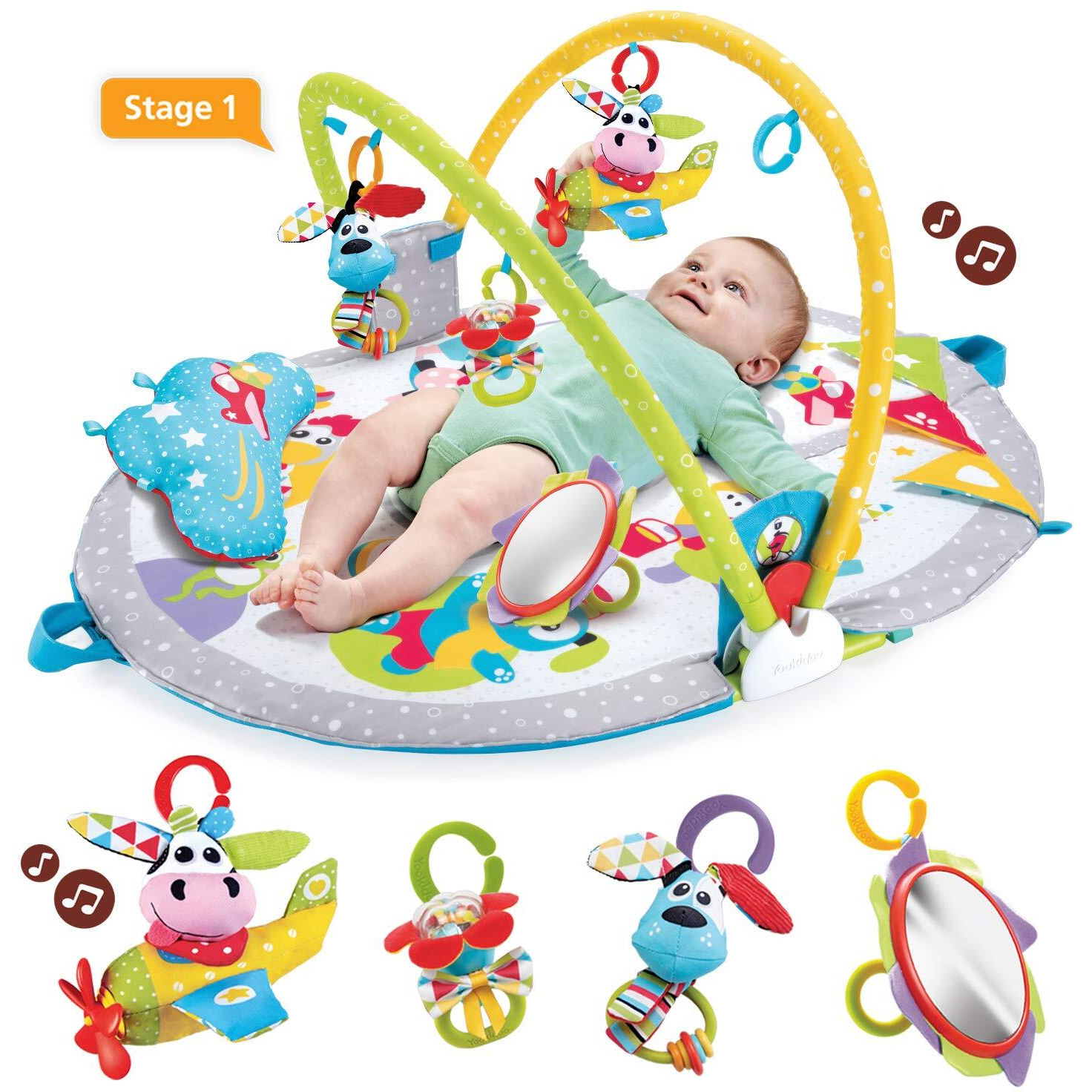 Yookidoo Baby Gym Lay To Sit-Up Playmat. 3-In-1 Newborns Activity Center With Tummy Time Toys, Pillow & Infant Miror. 0-12 Month