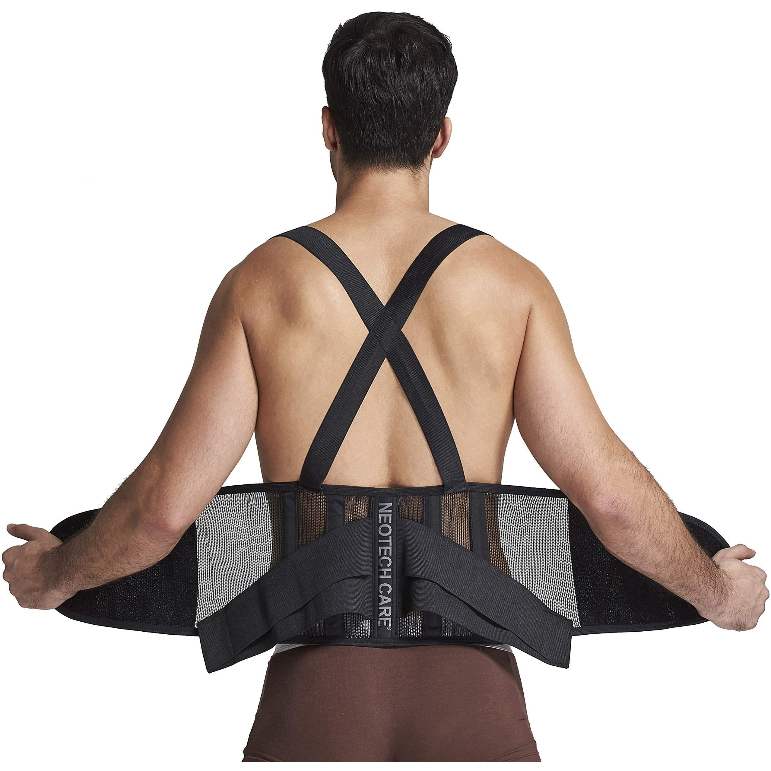 Neotech Care Back Brace With Suspenders/Shoulder Straps - Light & Breathable - Lumbar Support Belt For Lower Back Pain - Posture, Work, Gym - Black Color (Size L)