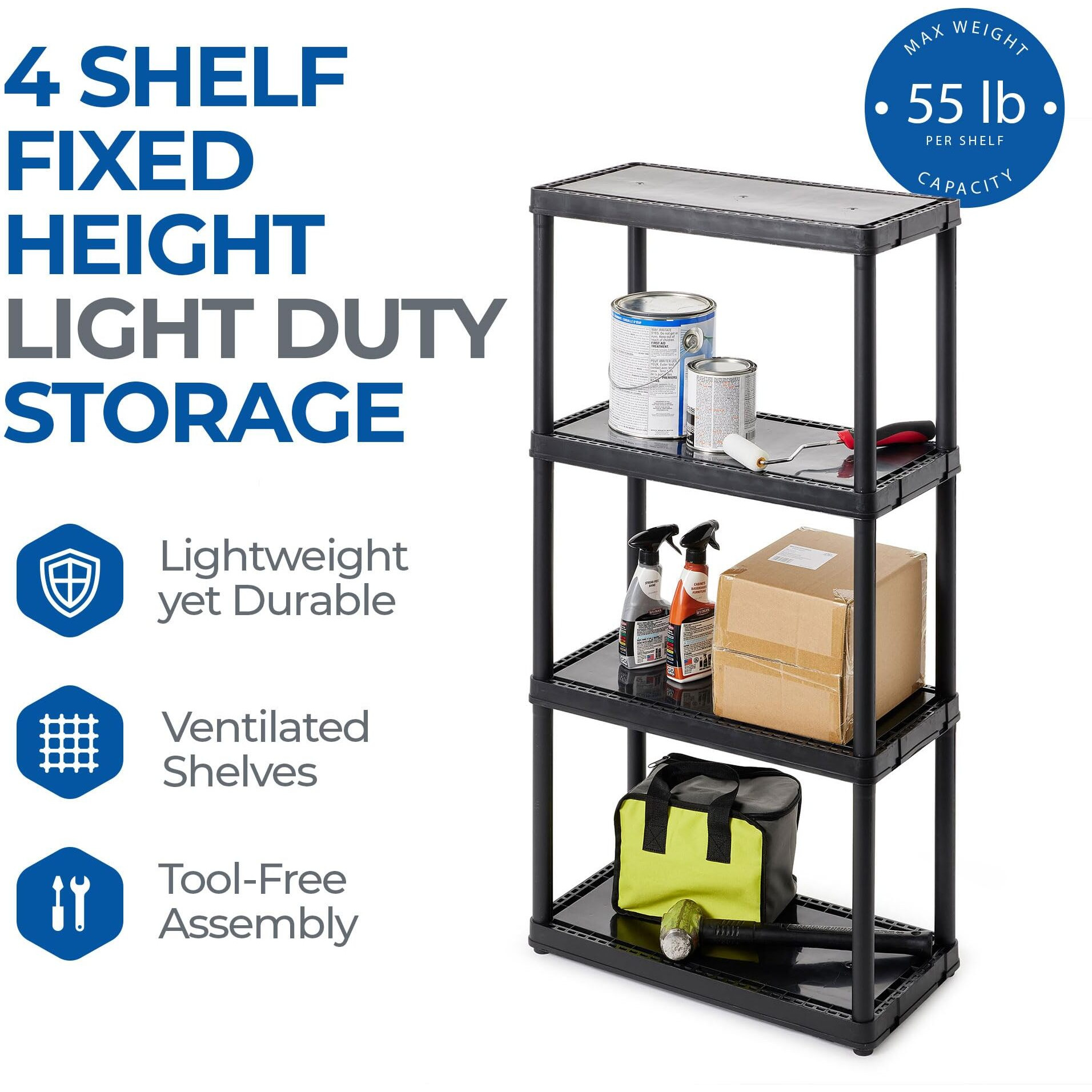 Gracious Living 4 Shelf Fixed Height Solid Light Duty Storage Unit 12 X 24 X 48"" Organizer System For Home, Garage, Basement, & Laundry, Black