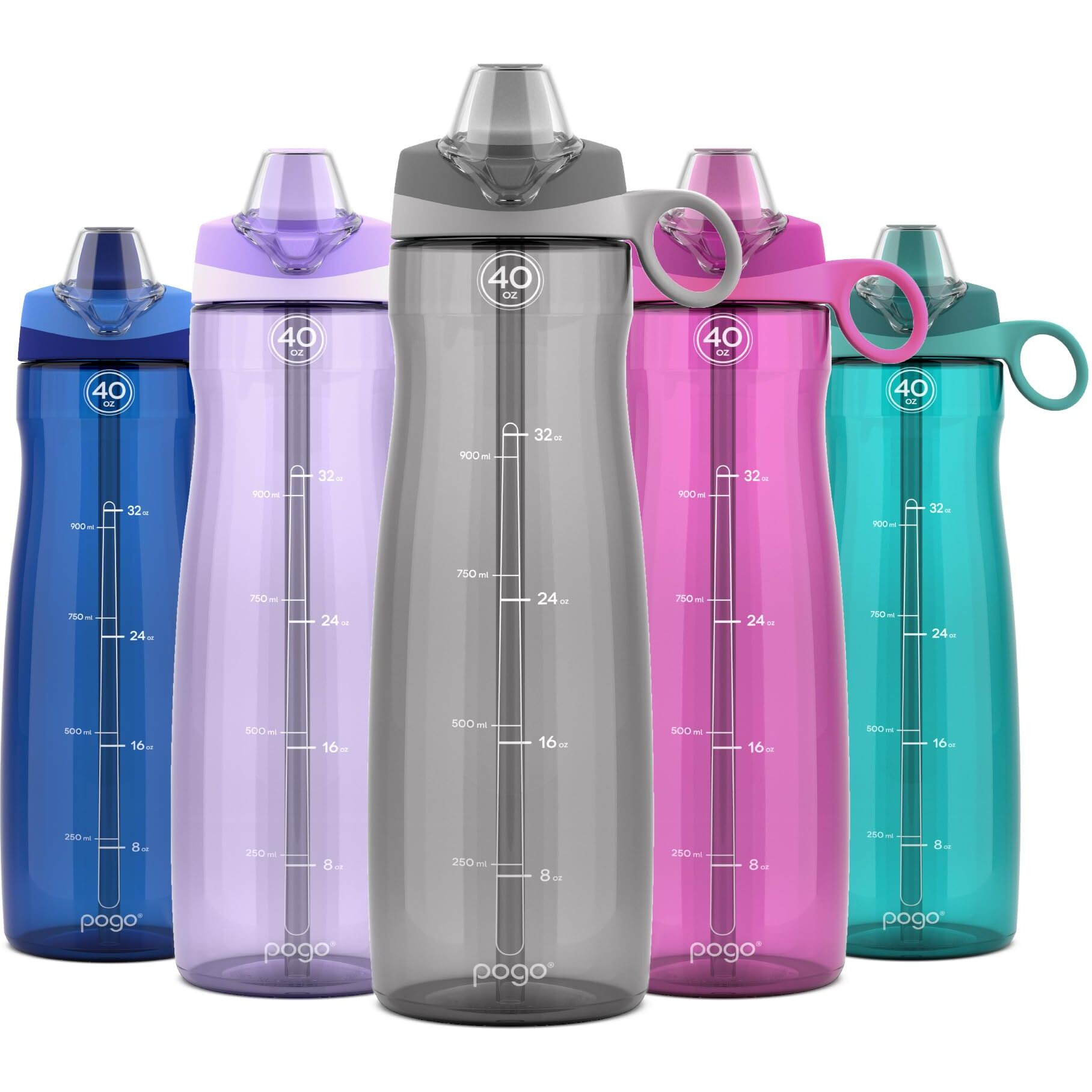 Pogo Bpa-Free Tritan Plastic Water Bottle With Soft Straw, 40 Oz, Grey