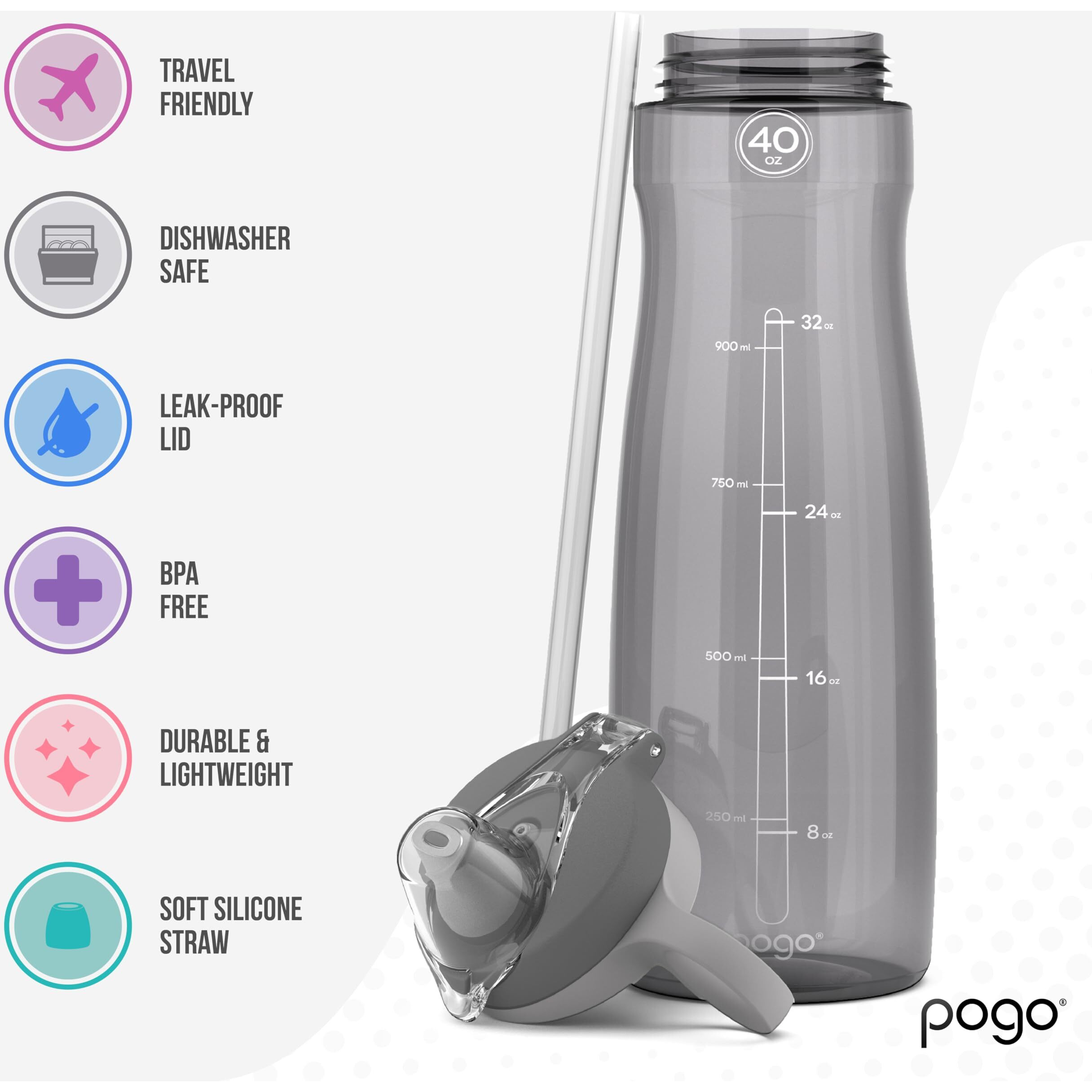 Pogo Bpa-Free Tritan Plastic Water Bottle With Soft Straw, 40 Oz, Grey