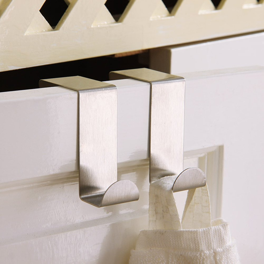 Mziart Pack Of 4 Stainless Steel Reversible Over Door Cabinet Drawer Hooks Office Kitchen Towel Coat Hooks Rack, Silver