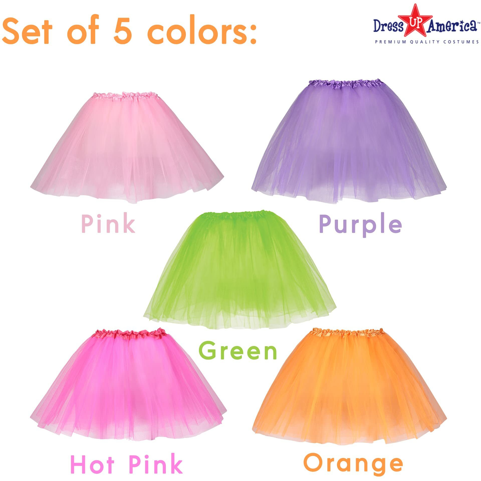 Dress Up America Tutu Multipack For Girls - Five Color Pack Of Princess Tutu Skirts For Kids - Three-Layered Tulle Ballet Skirts