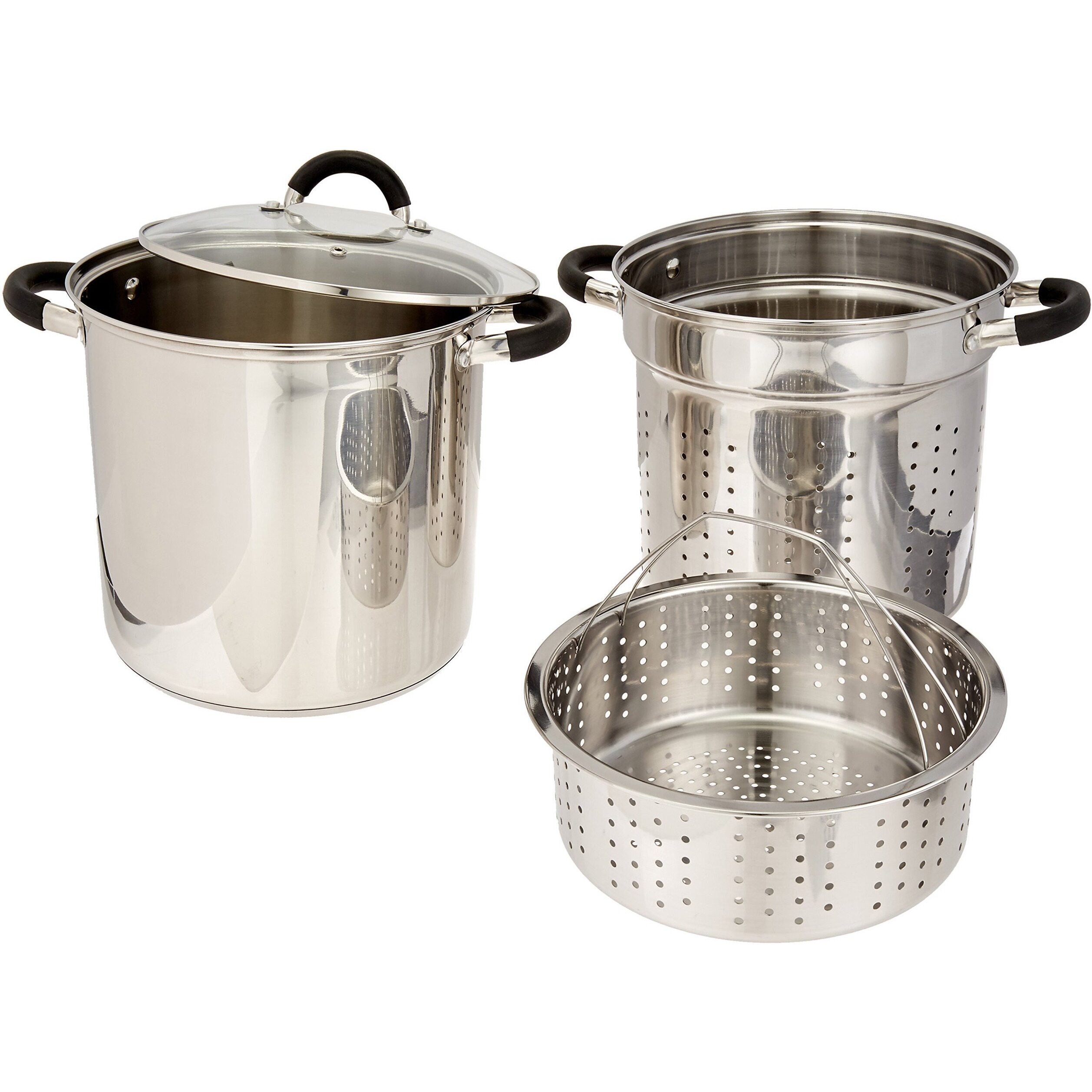 Excelsteel 12 Qt Multifunction Stainless Steel Pasta Cooker With Encapsulated Base, Vented Glass Lid, And Riveted Silicone Covered Handles