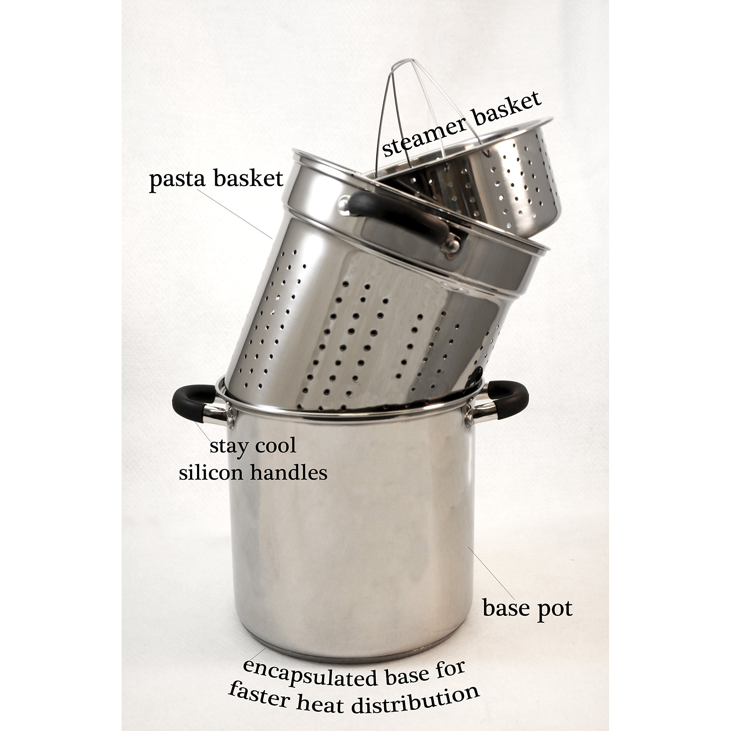Excelsteel 12 Qt Multifunction Stainless Steel Pasta Cooker With Encapsulated Base, Vented Glass Lid, And Riveted Silicone Covered Handles