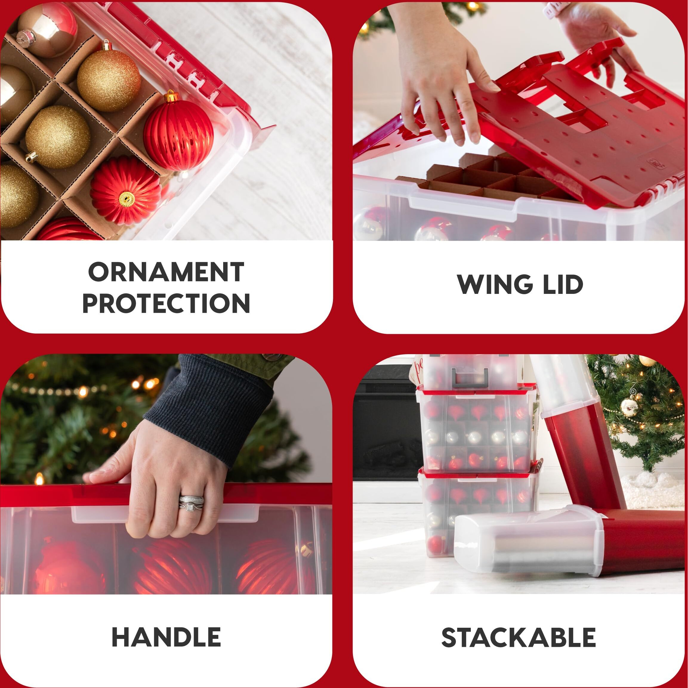 Iris Usa Ornament Storage Box With Attached Lid, Stores 75 Ornaments Per Bin, 2-Pack, Stackable Durable Christmas Storage Organization Container Bin For Holiday Decorations And Accessories, Clear/Red