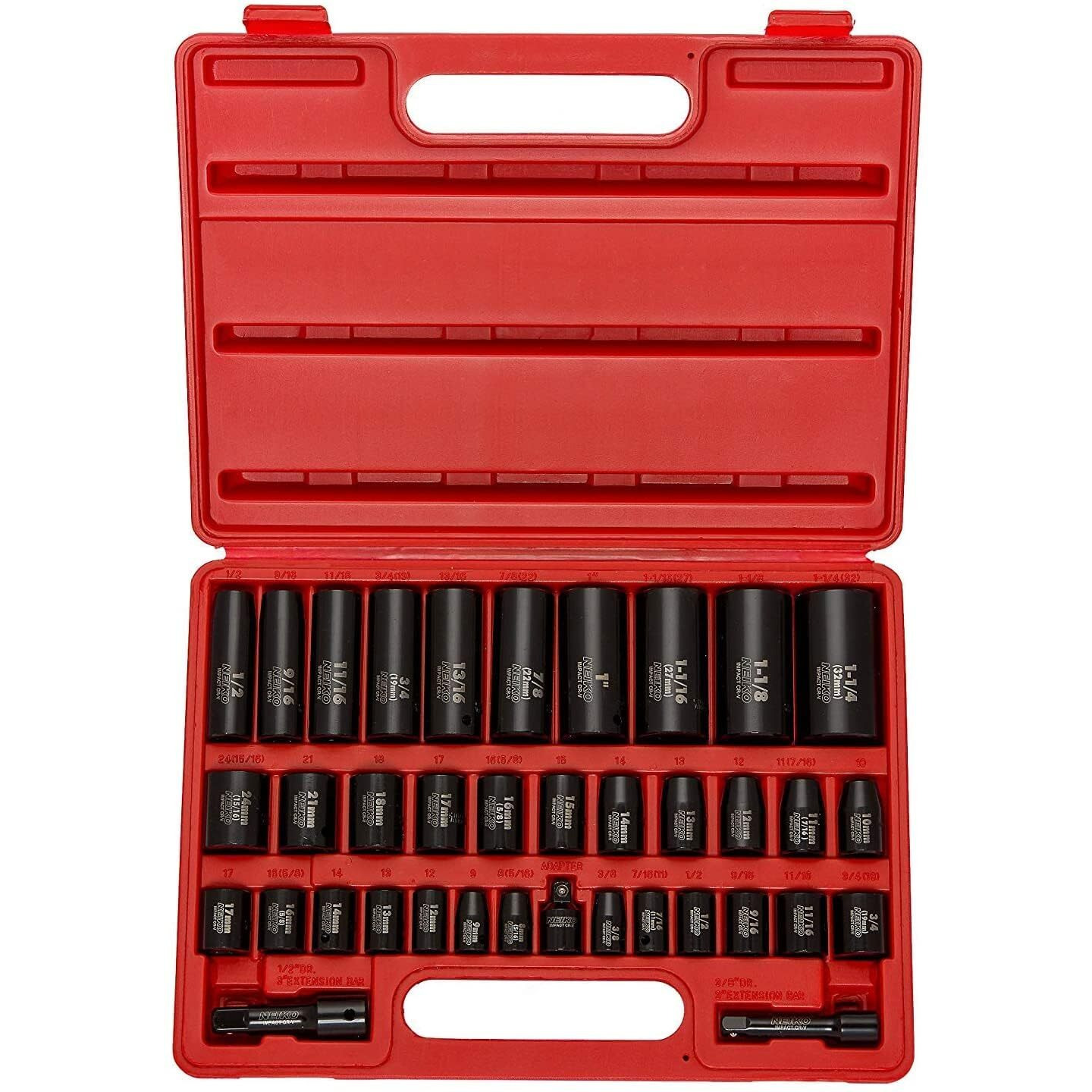 Neiko 02443A 3/8"" And 1/2"" Drive Master Impact Socket Set | 38 Piece | Standard Sae (Inch) And Metric (Mm) Sizes Below | Deep And Shallow Kit | Cr-V Steel | Includes Duometric Sockets