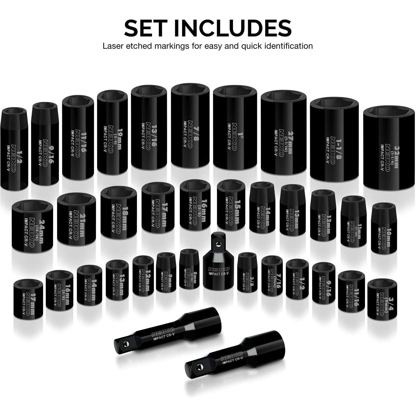 Neiko 02443A 3/8"" And 1/2"" Drive Master Impact Socket Set | 38 Piece | Standard Sae (Inch) And Metric (Mm) Sizes Below | Deep And Shallow Kit | Cr-V Steel | Includes Duometric Sockets