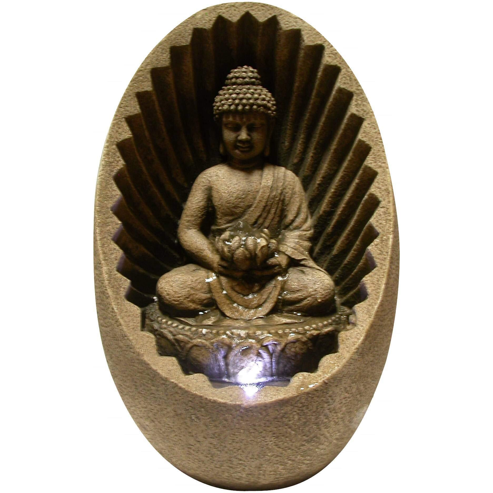 Alpine Corporation Win322 Indoor/Outdoor Tabletop Buddha Fountain With Led Lights, Soothing Buddha Garden Fountain 11"", Beige