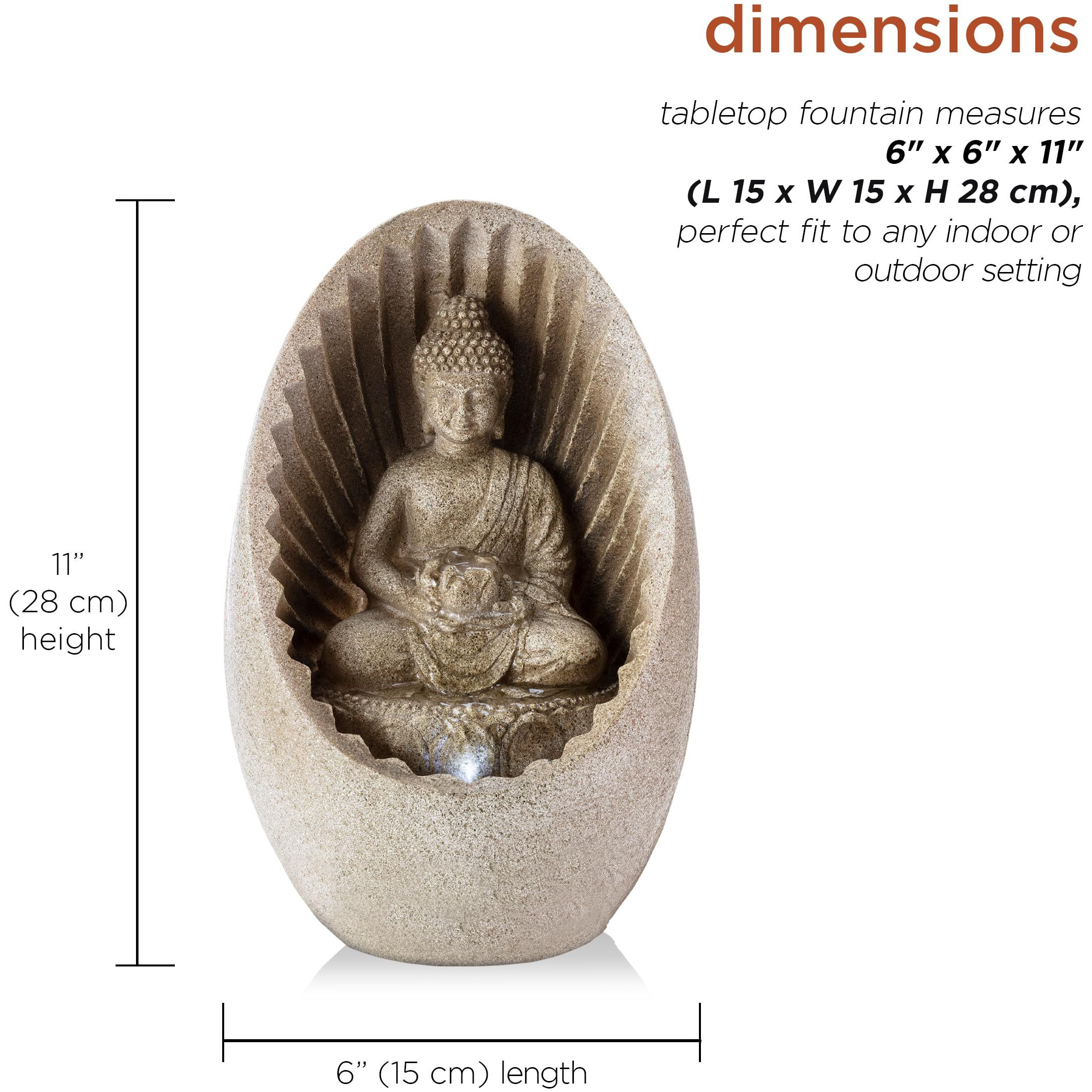 Alpine Corporation Win322 Indoor/Outdoor Tabletop Buddha Fountain With Led Lights, Soothing Buddha Garden Fountain 11"", Beige