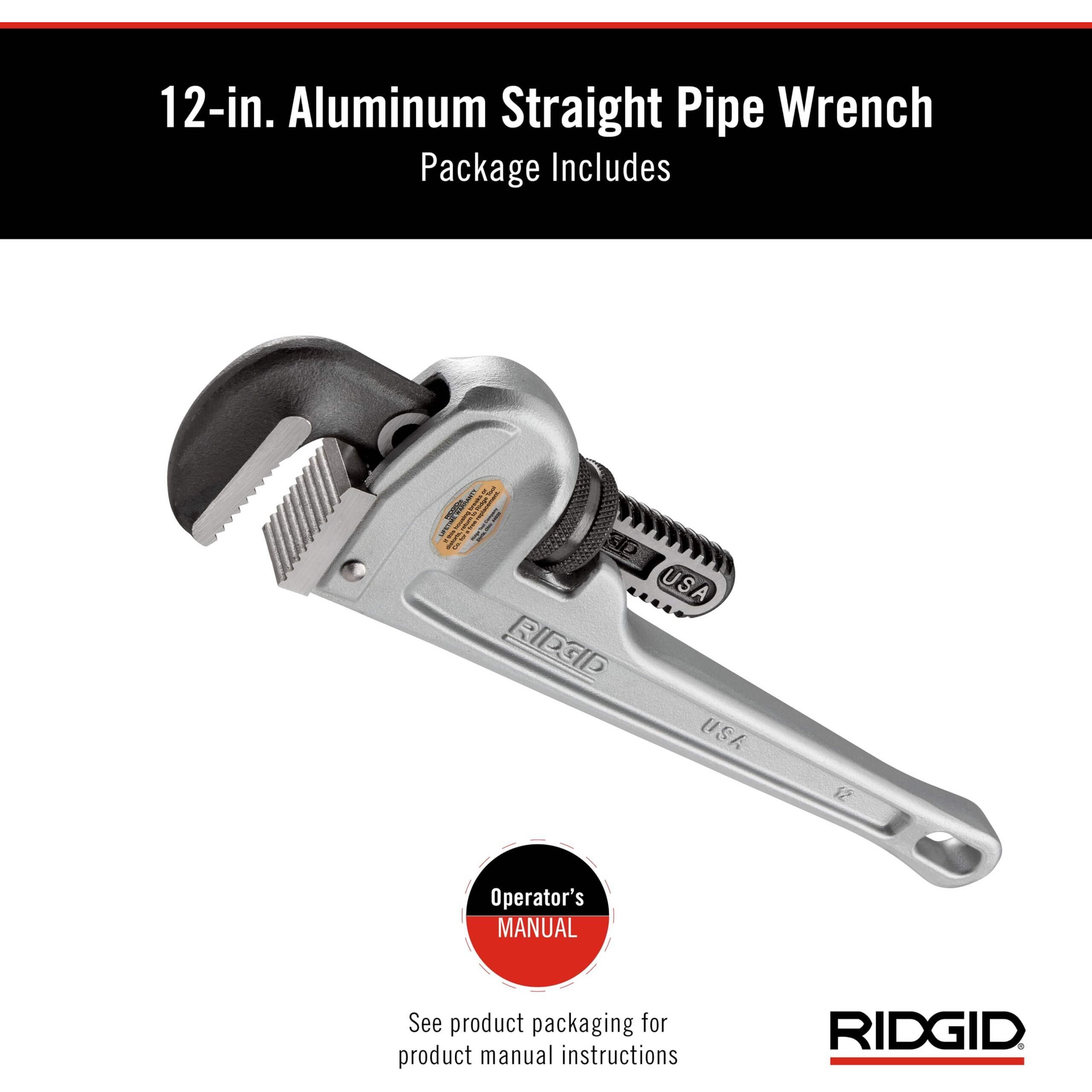 Ridgid 47057 Aluminum Straight Pipe Wrench, 12"" Sturdy Plumbing Wrench With Self Cleaning Threads And Hook Jaws