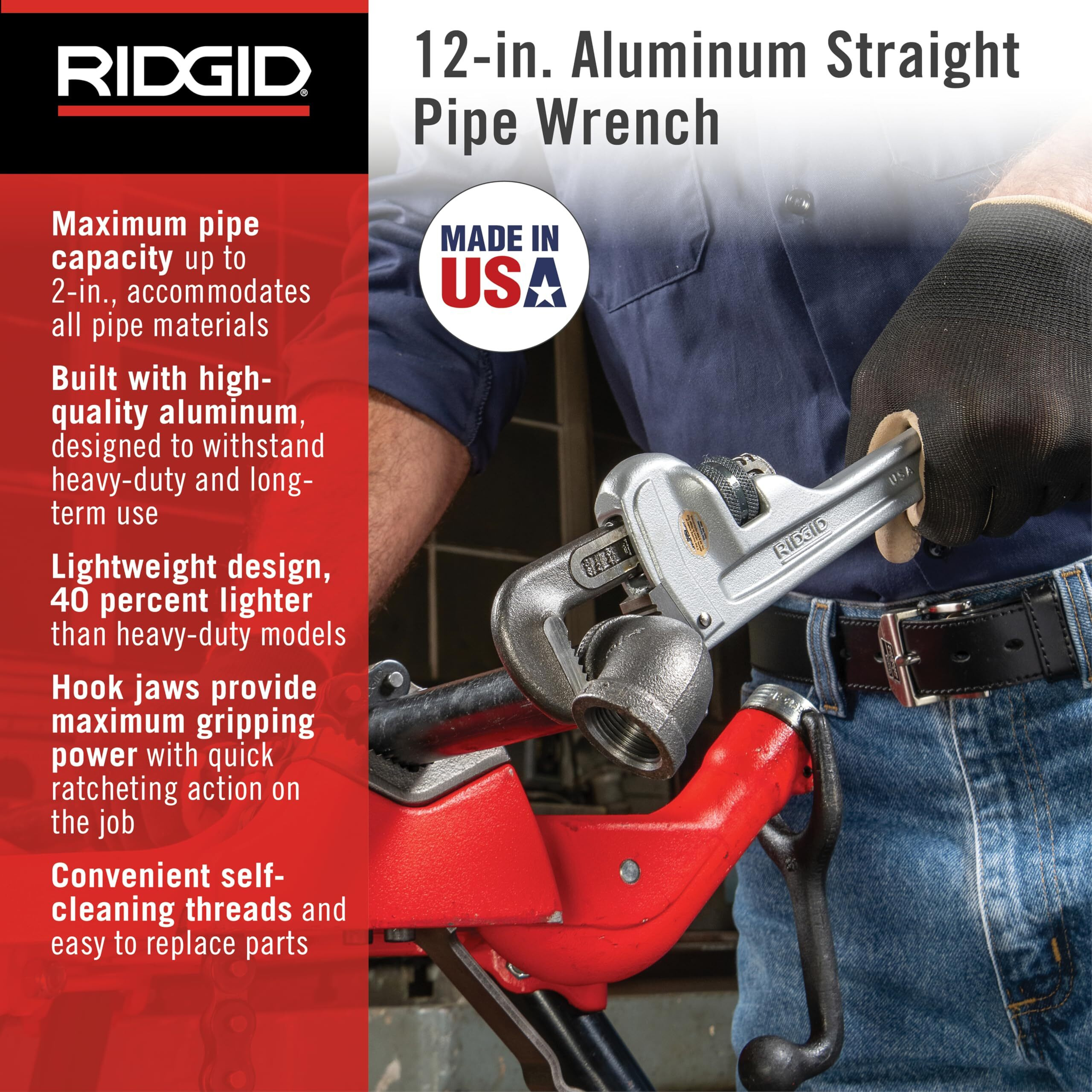 Ridgid 47057 Aluminum Straight Pipe Wrench, 12"" Sturdy Plumbing Wrench With Self Cleaning Threads And Hook Jaws