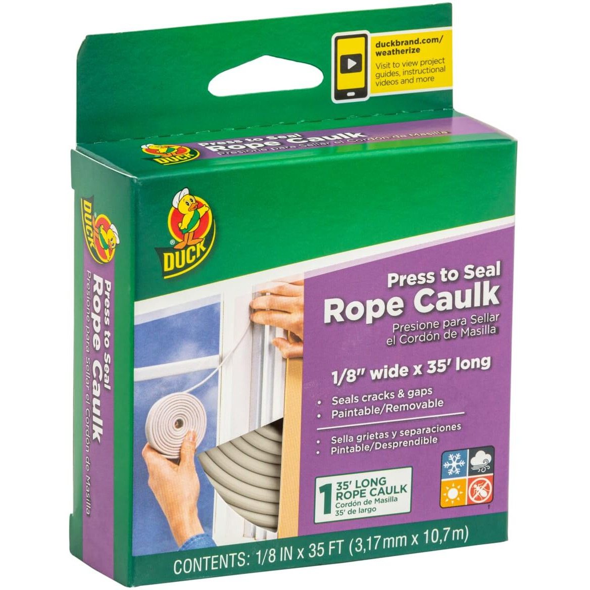 Duck Brand Press To Seal Rope Caulk, White, 1/8-Inch Wide X 35-Feet Long, Single Roll, 283580