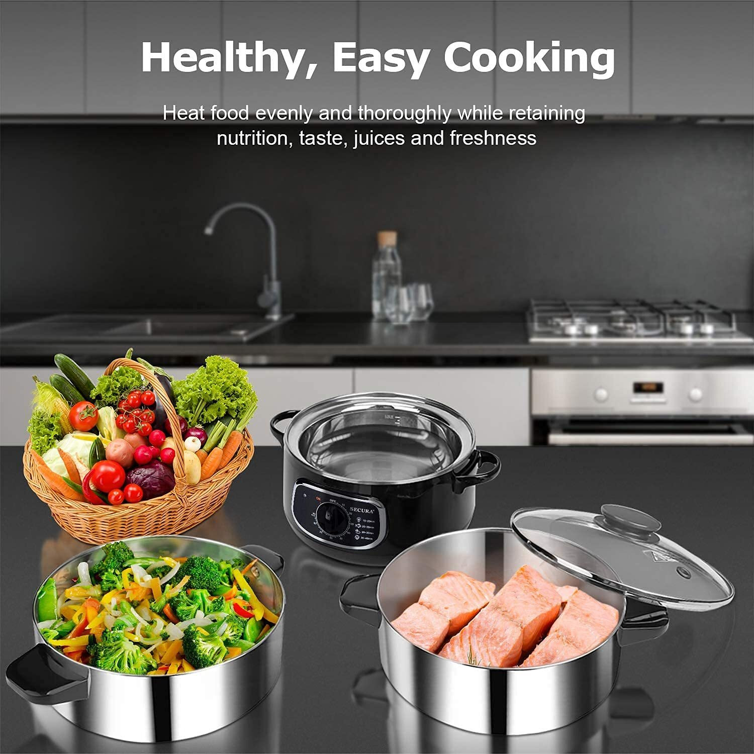 Secura 2 Stainless Steel Food Steamer 8.5 Qt Electric Glass Lid Vegetable Steamer Double Tiered Stackable Baskets With Timer