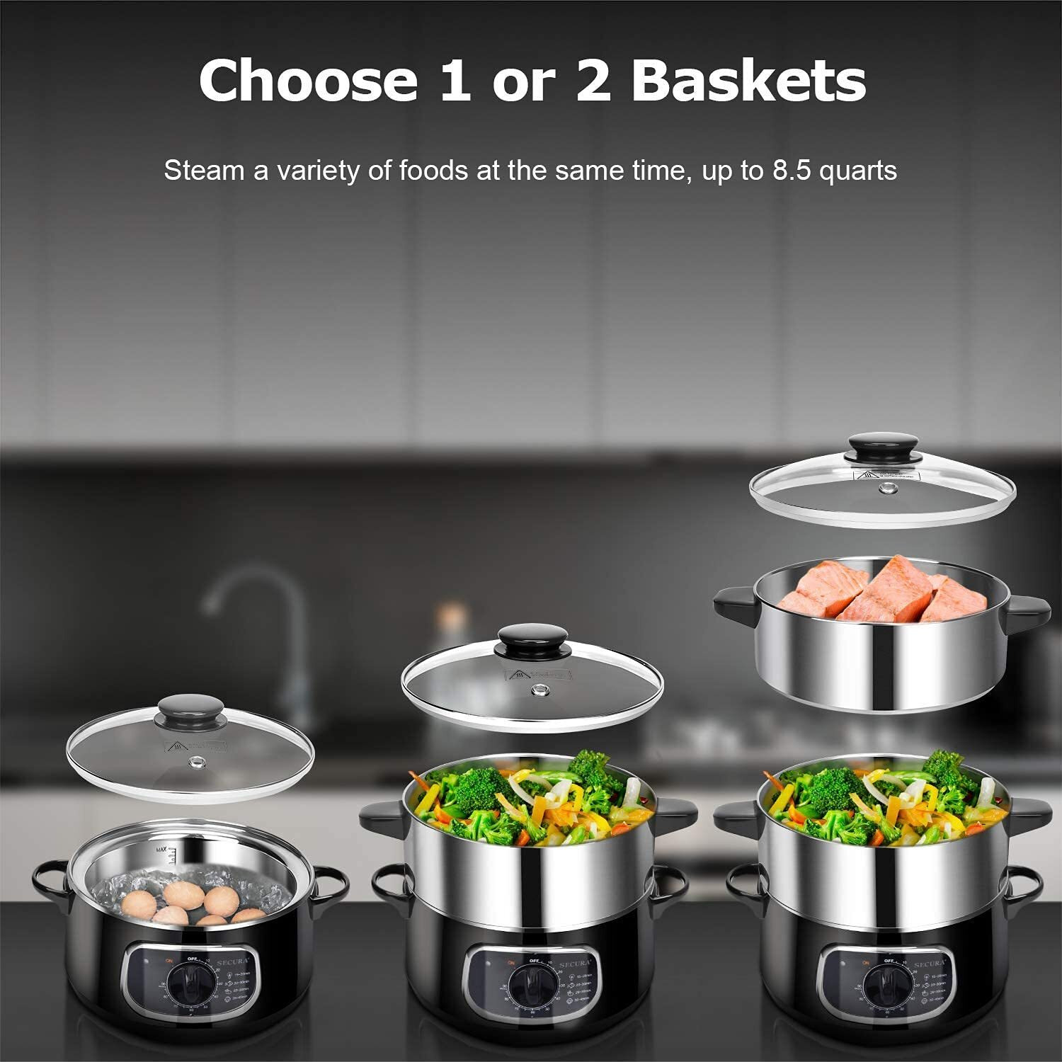Secura 2 Stainless Steel Food Steamer 8.5 Qt Electric Glass Lid Vegetable Steamer Double Tiered Stackable Baskets With Timer