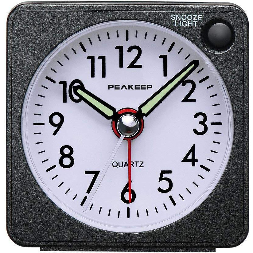 Peakeep Ultra Small, Battery Travel Alarm Clock With Snooze And Light, Silent With No Ticking Analog Quartz (Black)