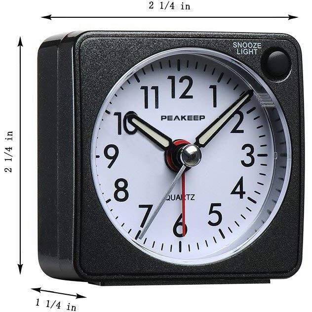 Peakeep Ultra Small, Battery Travel Alarm Clock With Snooze And Light, Silent With No Ticking Analog Quartz (Black)