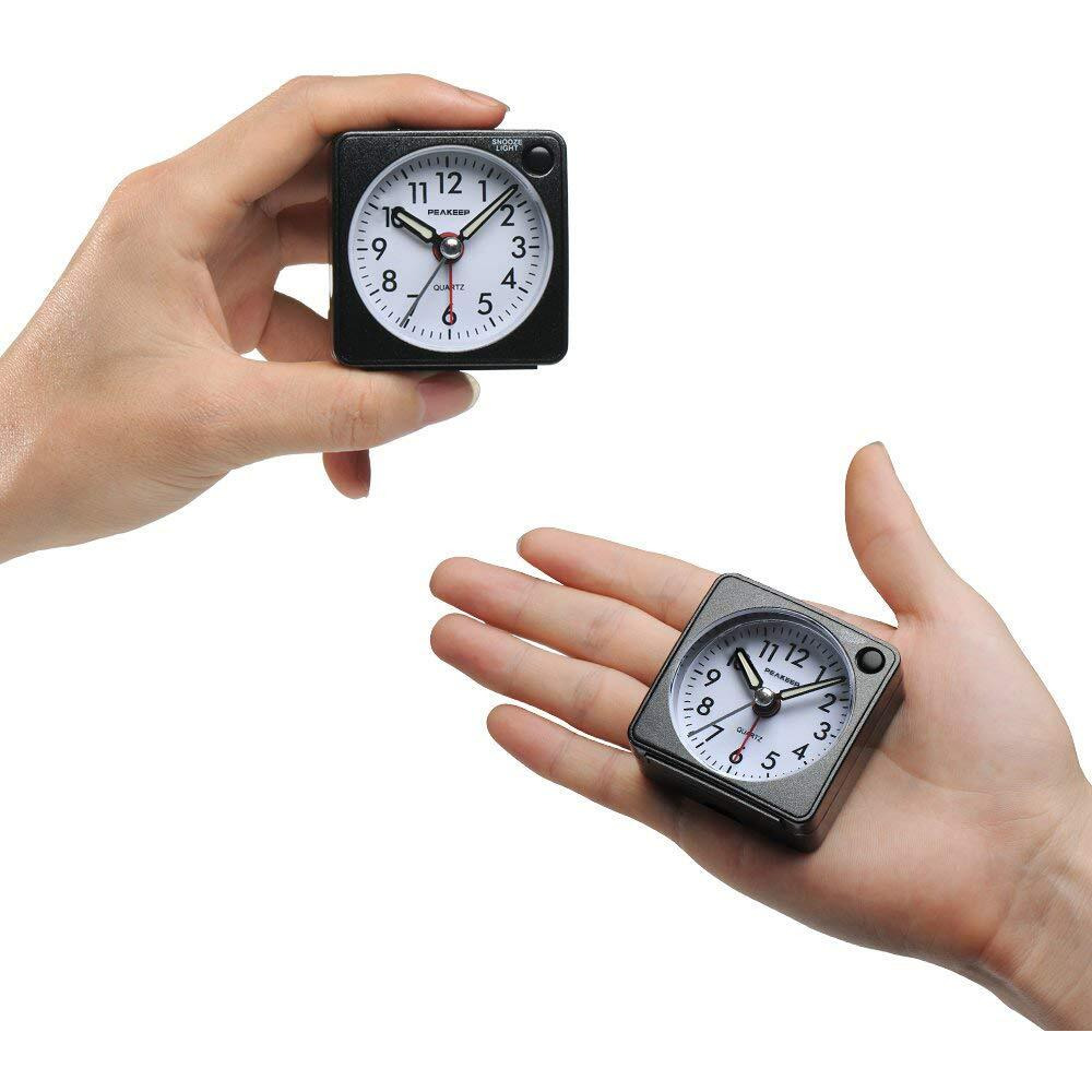 Peakeep Ultra Small, Battery Travel Alarm Clock With Snooze And Light, Silent With No Ticking Analog Quartz (Black)