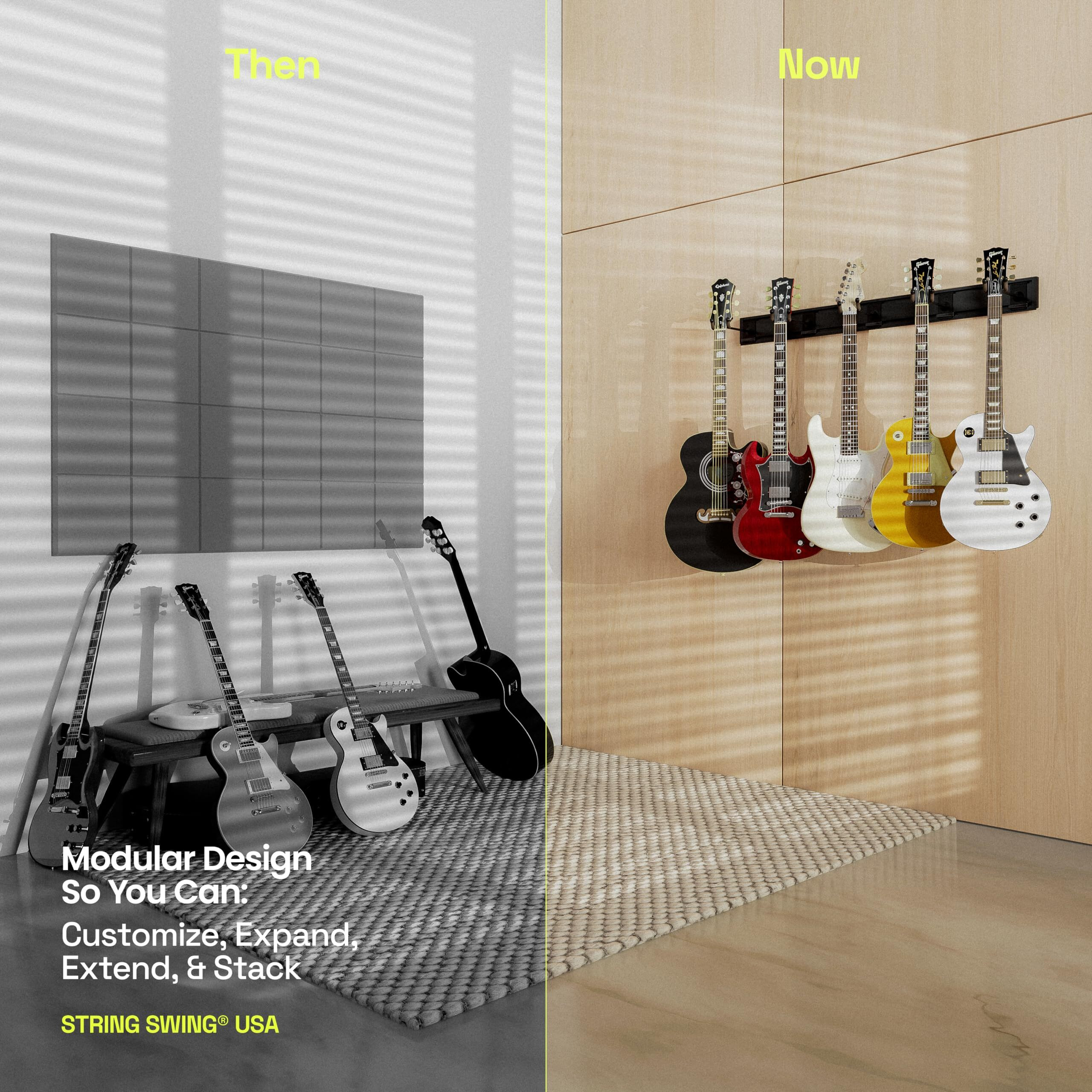 String Swing Guitar Wall Rack, Multiple Guitar Wall Mount, Guitar Organizer For Acoustic & Electric Guitars, 5 Padded Arm Hangers & Black Slatwall Rail, Wall Mount Guitar Rack - Made In Usa
