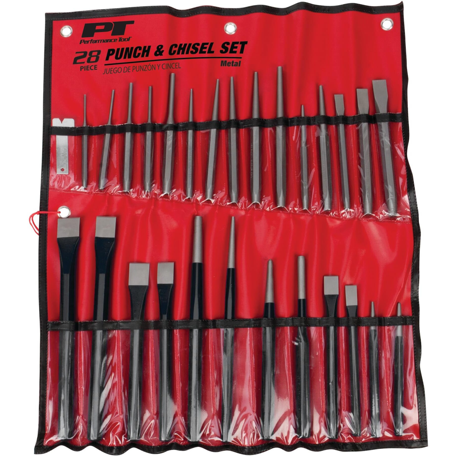 Performance Tool W7540 28-Piece Punch And Chisel Set - Strong 6150 Chrome Vanadium Steel, Heat Treated And Tempered, With Storage Tray Included