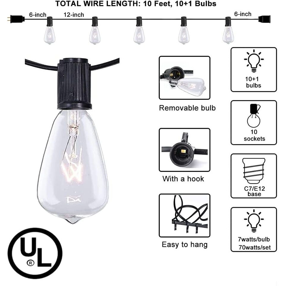 Couah Outdoor Patio String Lights,10Ft Edison Bulb String Lights For Patio Garden Porch Backyard Party Deck Yard(Plus 1 Extra Bulbs)-Black
