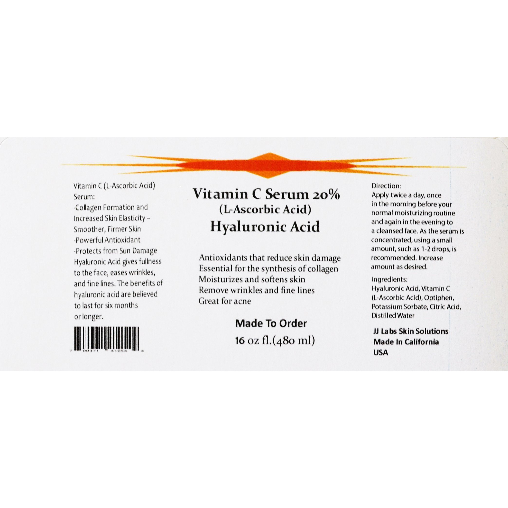 Vitamin C Skin Serum 20% (L-Ascorbic Acid) With Pure Hyaluronic Acid Anti Aging Serum (16Oz)