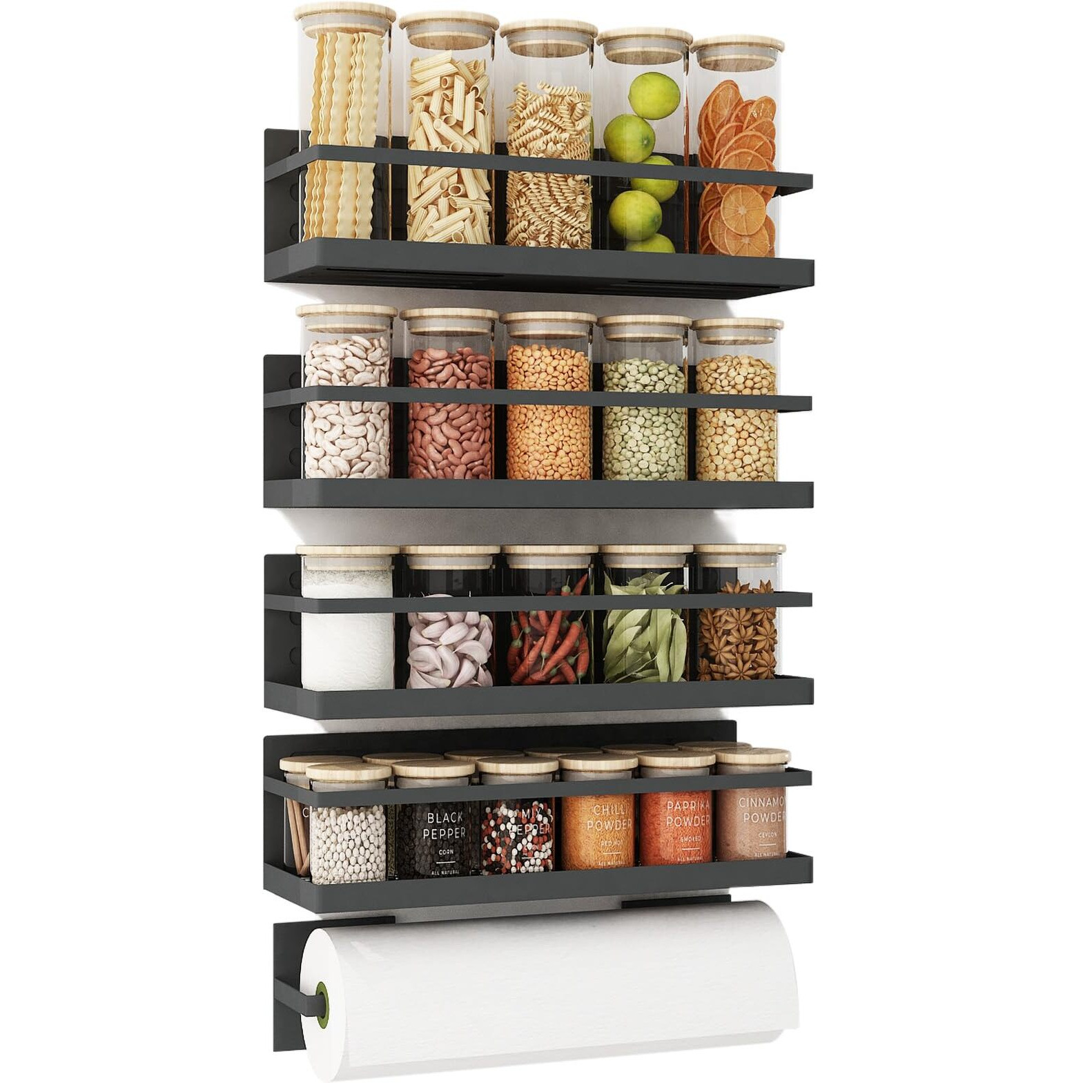 Roysili Magnetic Spice Rack For Refrigerator Magnetic Fridge Shelf For Kitchen Spice Organizer Magnetic Shelf For Fridge Space Saving Black 4 Pack With Magnetic Paper Towel Holder