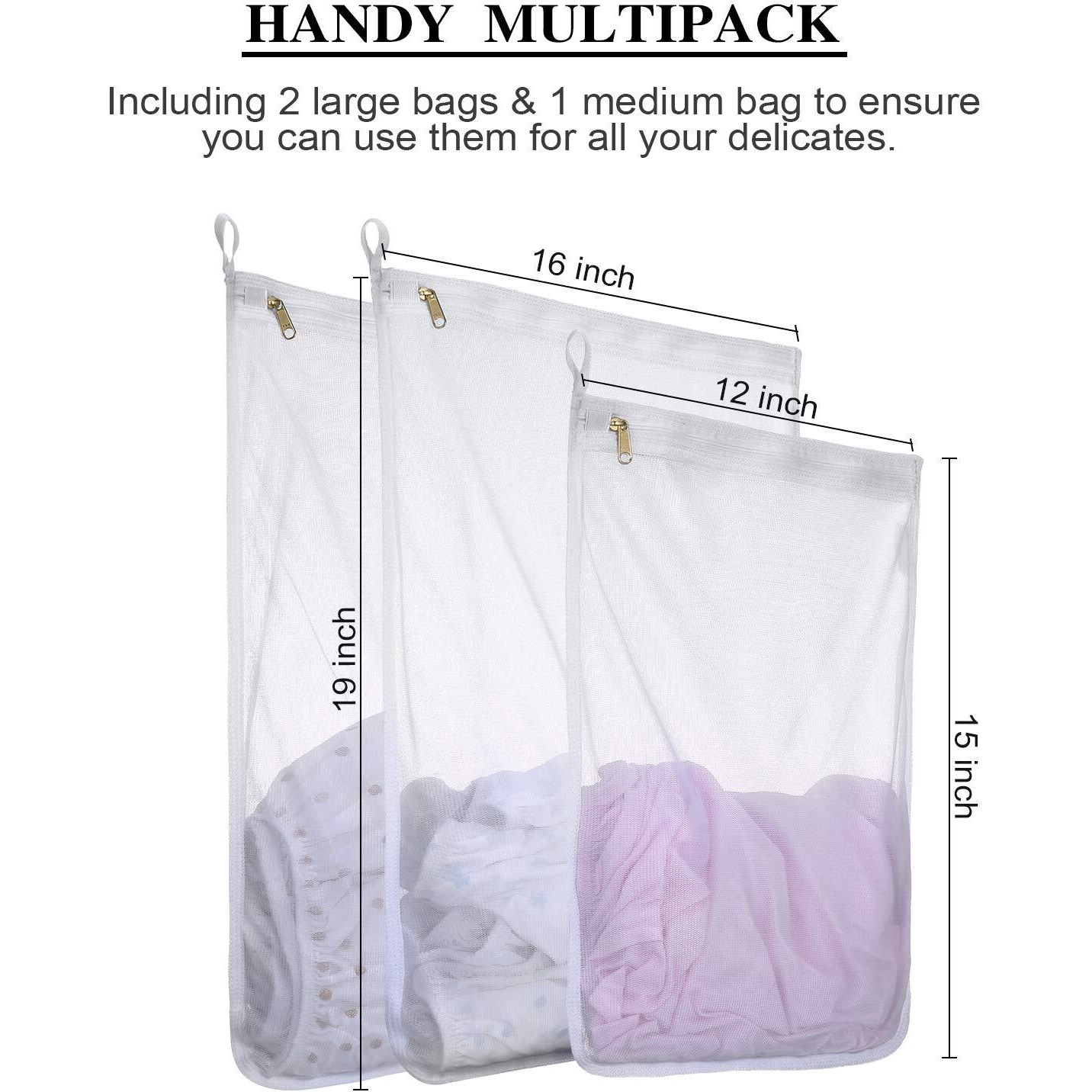 Mesh Laundry Bag For Delicates With Ykk Zipper, Roomyroc Mesh Wash Bag, Travel Storage Organize Bag, Clothing Washing Bags For Laundry, Travel Laundry Bag (White, 2 Large & 1 Medium)