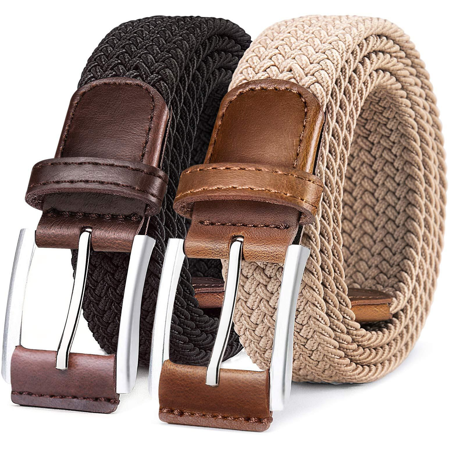 Bulliant Belt For Men 2Pack,Mens Gift Stretch Braided Web Belt Elastic For Casual Golf Jeans,1 3/8""(Black/Beige,30""-34"" Waist Adjustable)