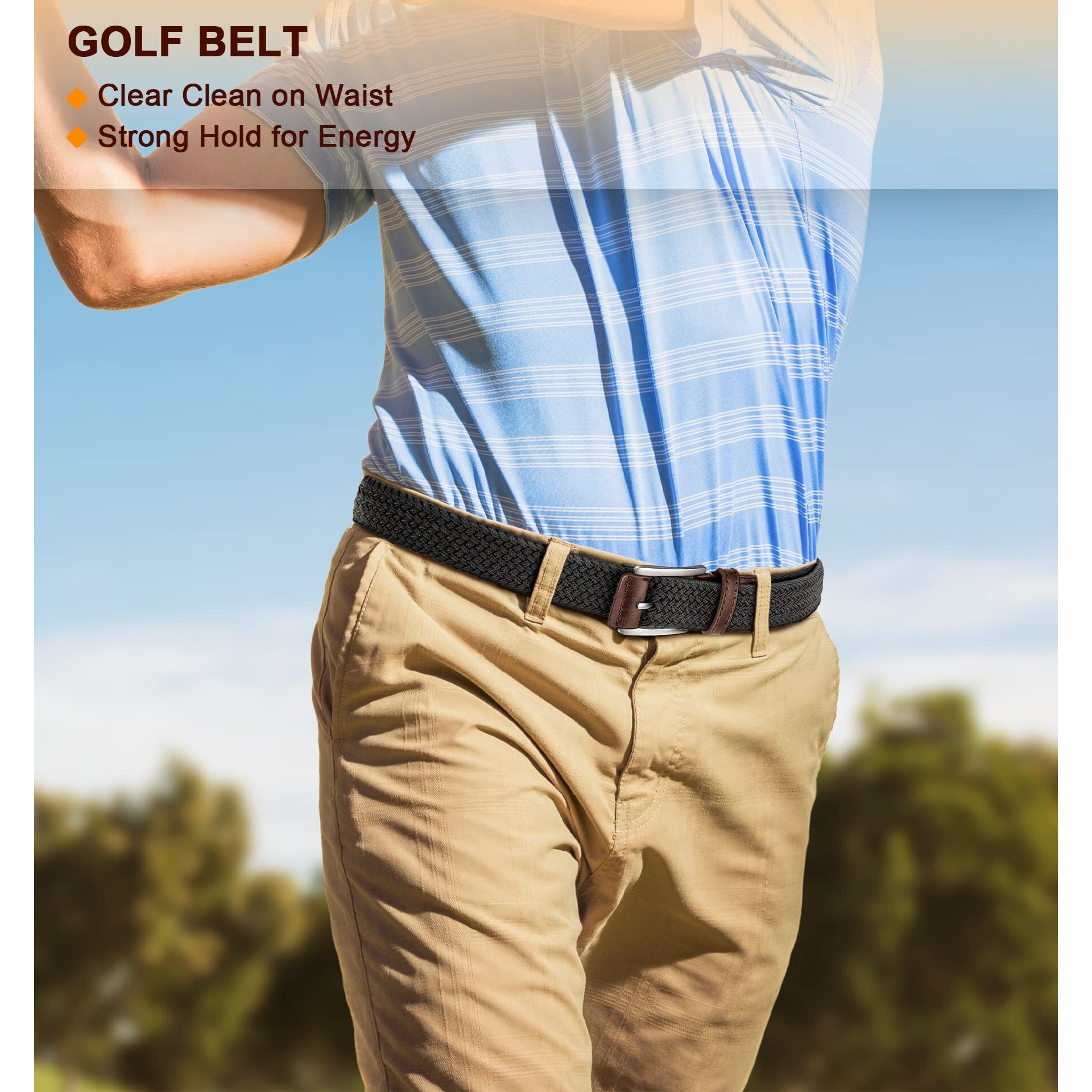 Bulliant Belt For Men 2Pack,Mens Gift Stretch Braided Web Belt Elastic For Casual Golf Jeans,1 3/8""(Black/Beige,30""-34"" Waist Adjustable)