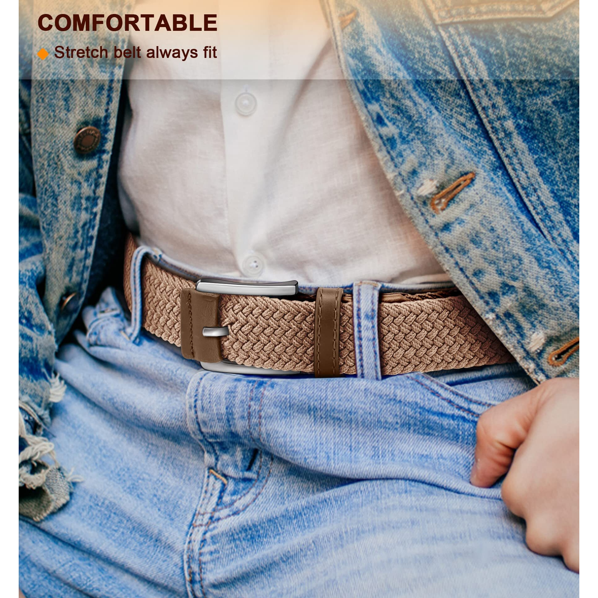 Bulliant Belt For Men 2Pack,Mens Gift Stretch Braided Web Belt Elastic For Casual Golf Jeans,1 3/8""(Black/Beige,30""-34"" Waist Adjustable)