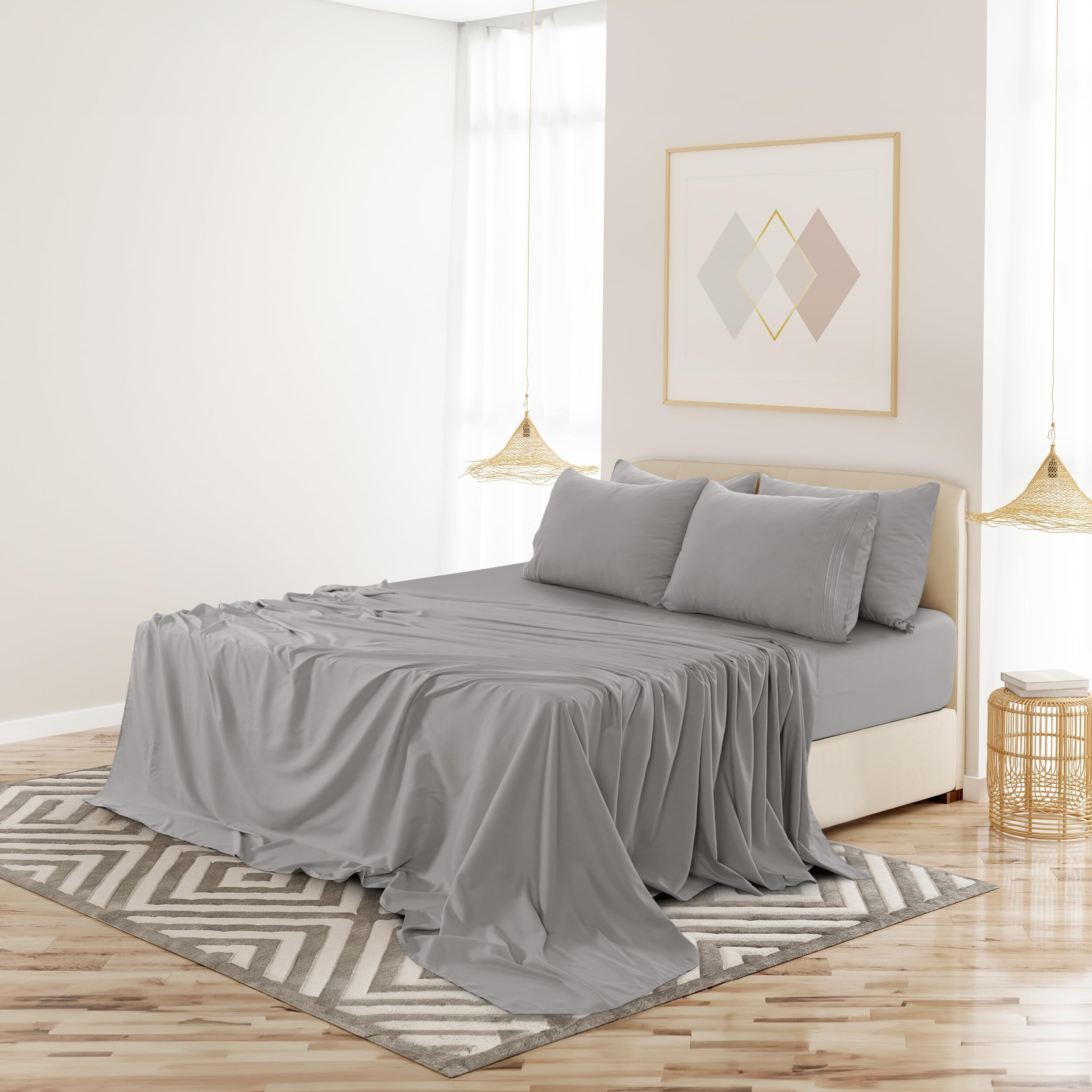 Lux Decor Full Sheet Set - 6 Pc Brushed Microfiber Bed Sheets 16 Inches Deep Pockets - Embroidered & Plain Pillowcases - Hotel Luxury Sheets Full Size Bed Set - Soft Bedding Sheets (Grey)