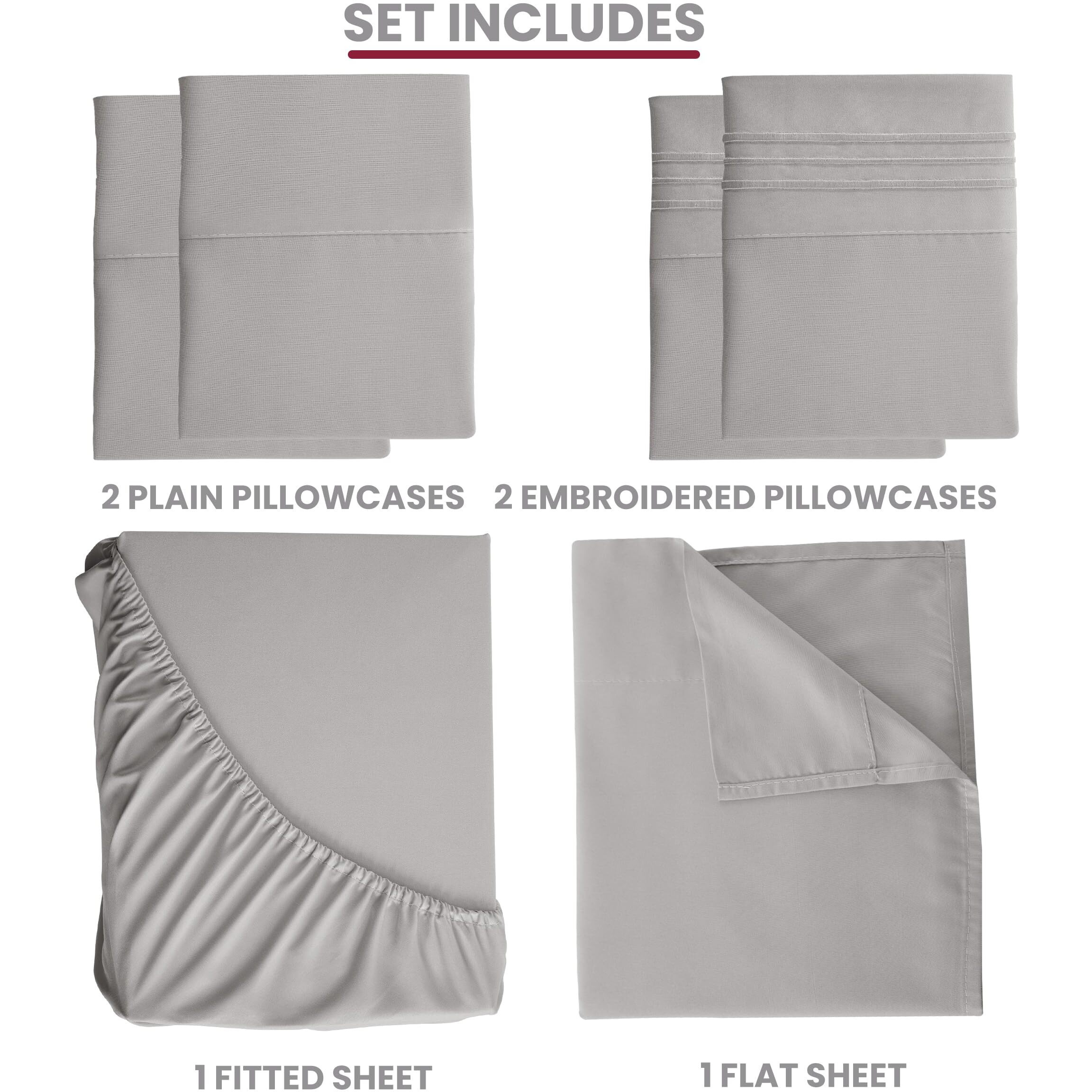 Lux Decor Full Sheet Set - 6 Pc Brushed Microfiber Bed Sheets 16 Inches Deep Pockets - Embroidered & Plain Pillowcases - Hotel Luxury Sheets Full Size Bed Set - Soft Bedding Sheets (Grey)