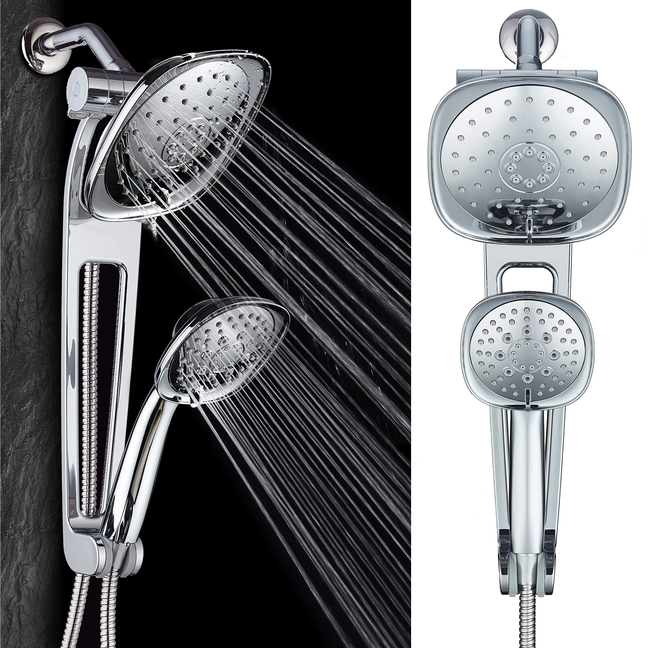 Aquabar High Pressure Square 3-Way Luxury Spa Combo System With Adjustable 18"" Extension Arm For Easy Reach & Mobility - Use 7.5"" Rain & Handheld Shower Head Separately Or Together/All-Chrome Finish