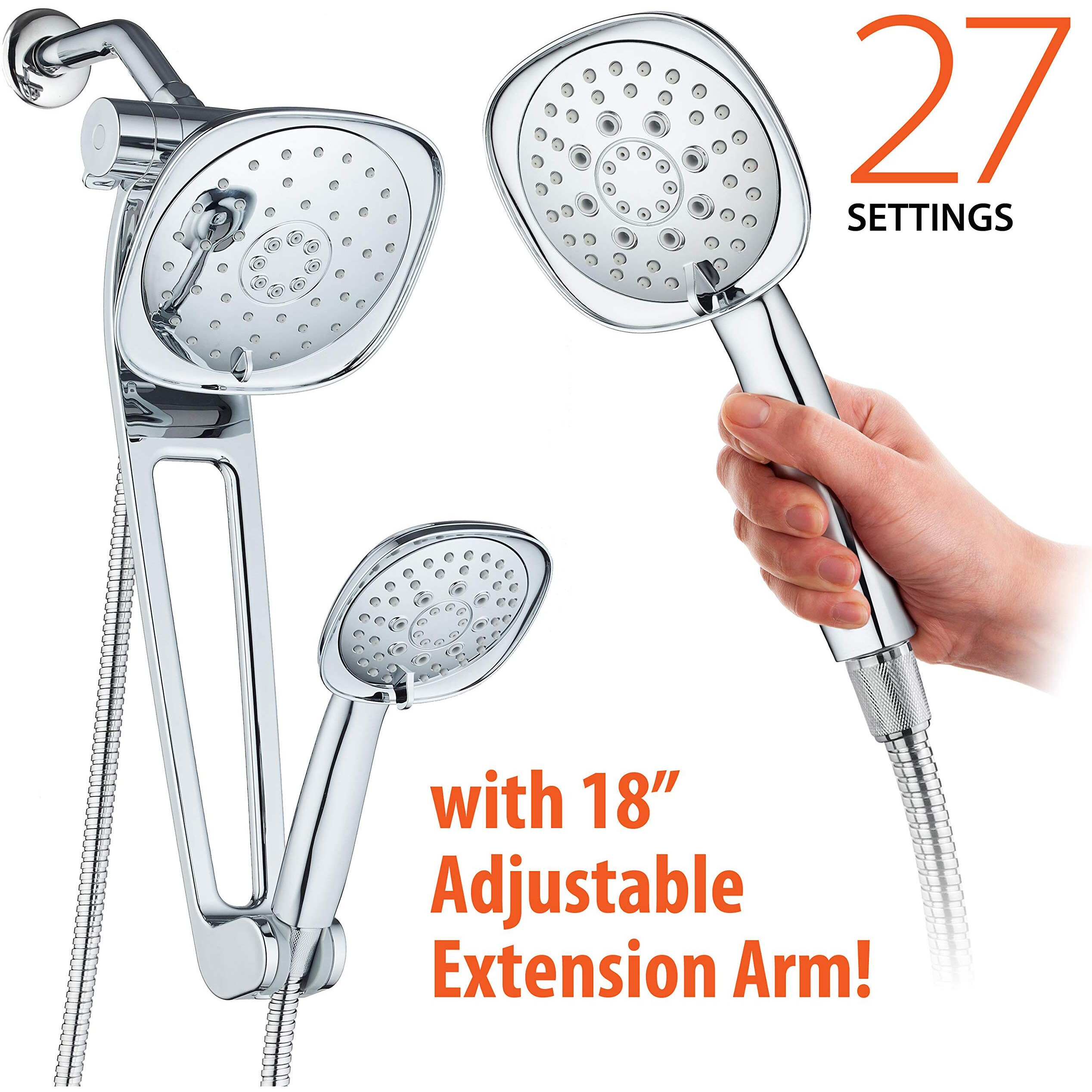 Aquabar High Pressure Square 3-Way Luxury Spa Combo System With Adjustable 18"" Extension Arm For Easy Reach & Mobility - Use 7.5"" Rain & Handheld Shower Head Separately Or Together/All-Chrome Finish