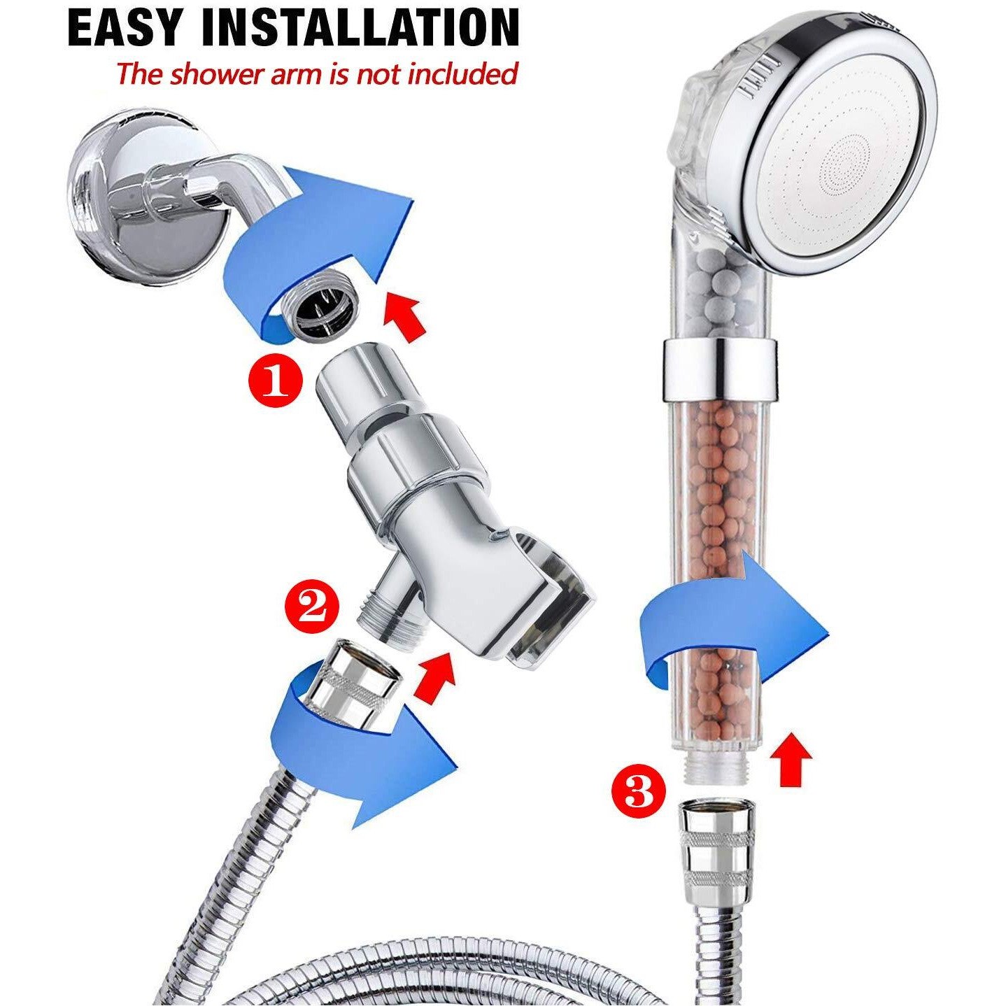 Prugna Filter Shower Head With Hose And Shower Arm Bracket, High Pressure & Water Saving Handheld Shower, 3-Settings Filter Showerhead For Dry Hair & Skin Spa